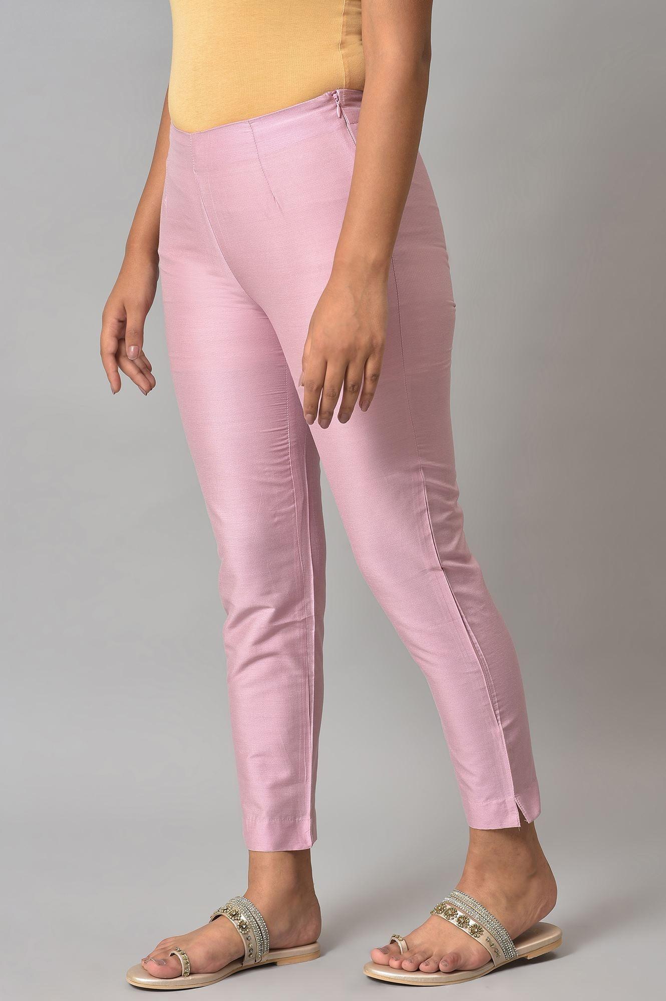 Light Pink Solid Women Slim Pants - wforwoman