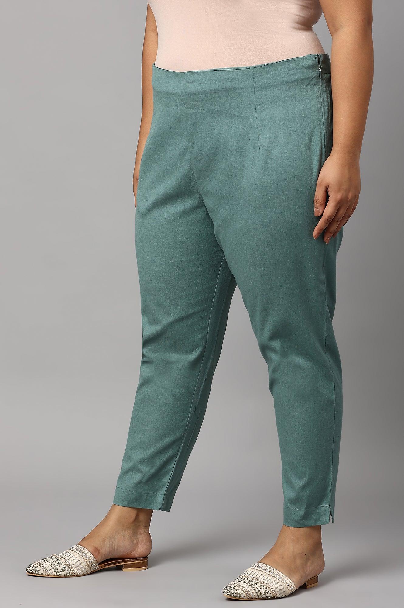 Plus Size Aqua Blue Cotton Blend Slim Pants - wforwoman