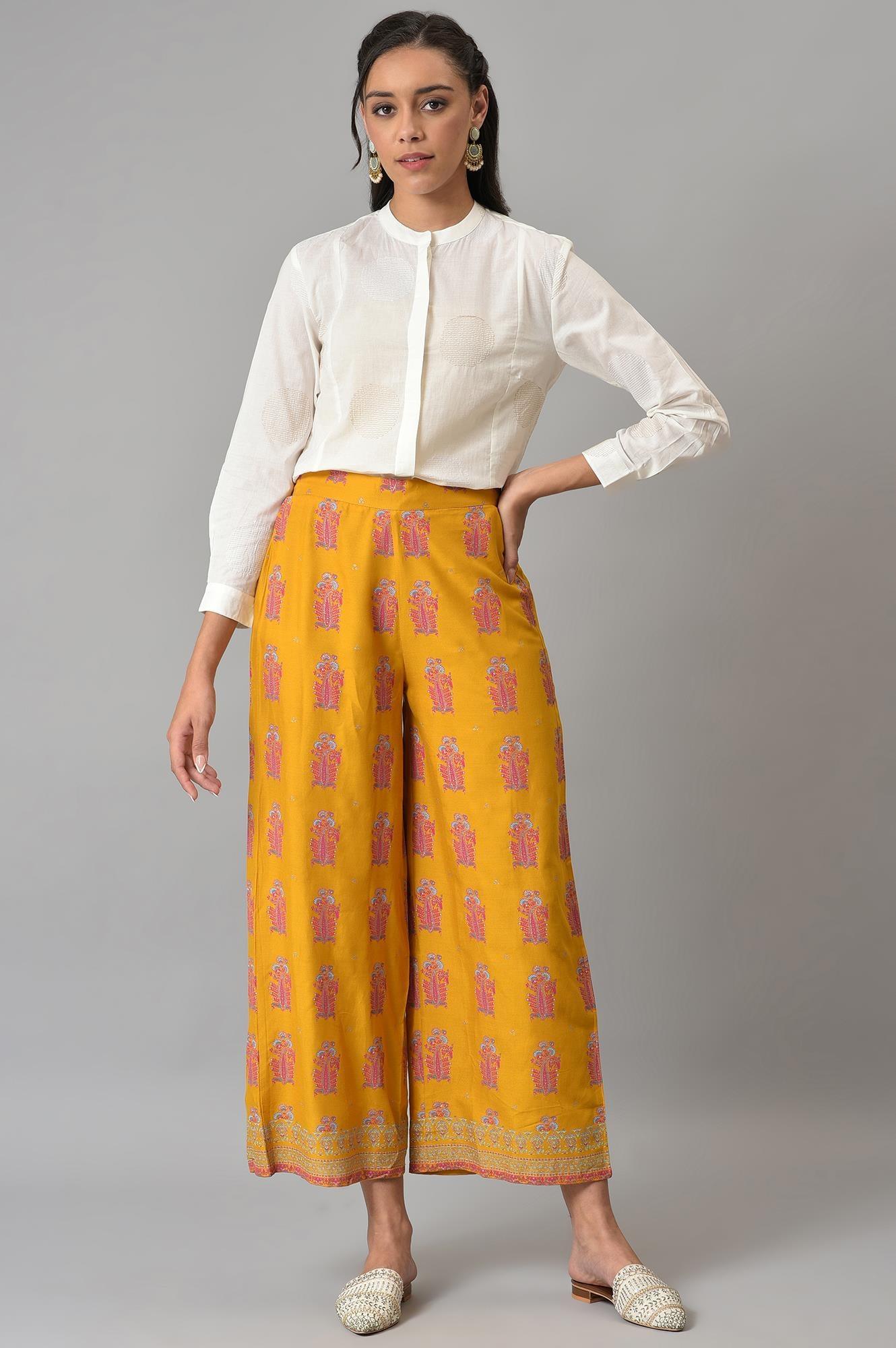 Mustard Rayon Printed Parallel Pants - wforwoman