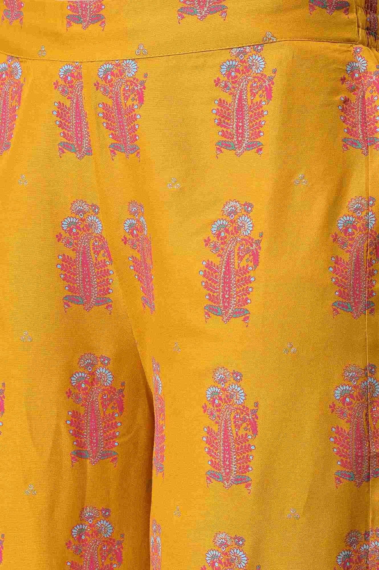 Mustard Rayon Printed Parallel Pants - wforwoman