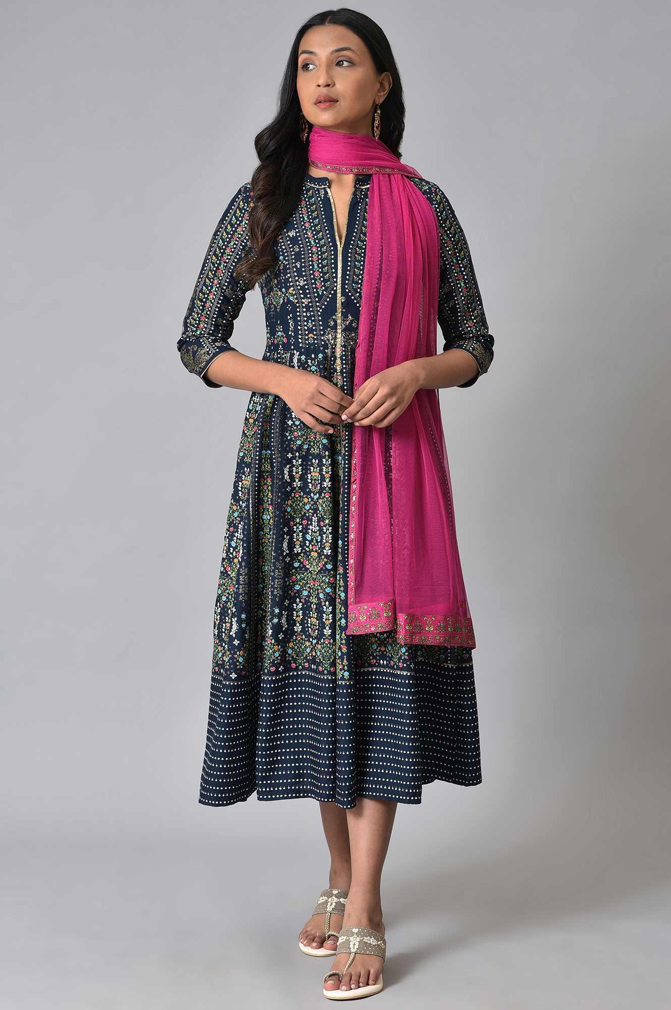Women Navy Chanderi Floral Red Attached Dupatta Dress main image 1