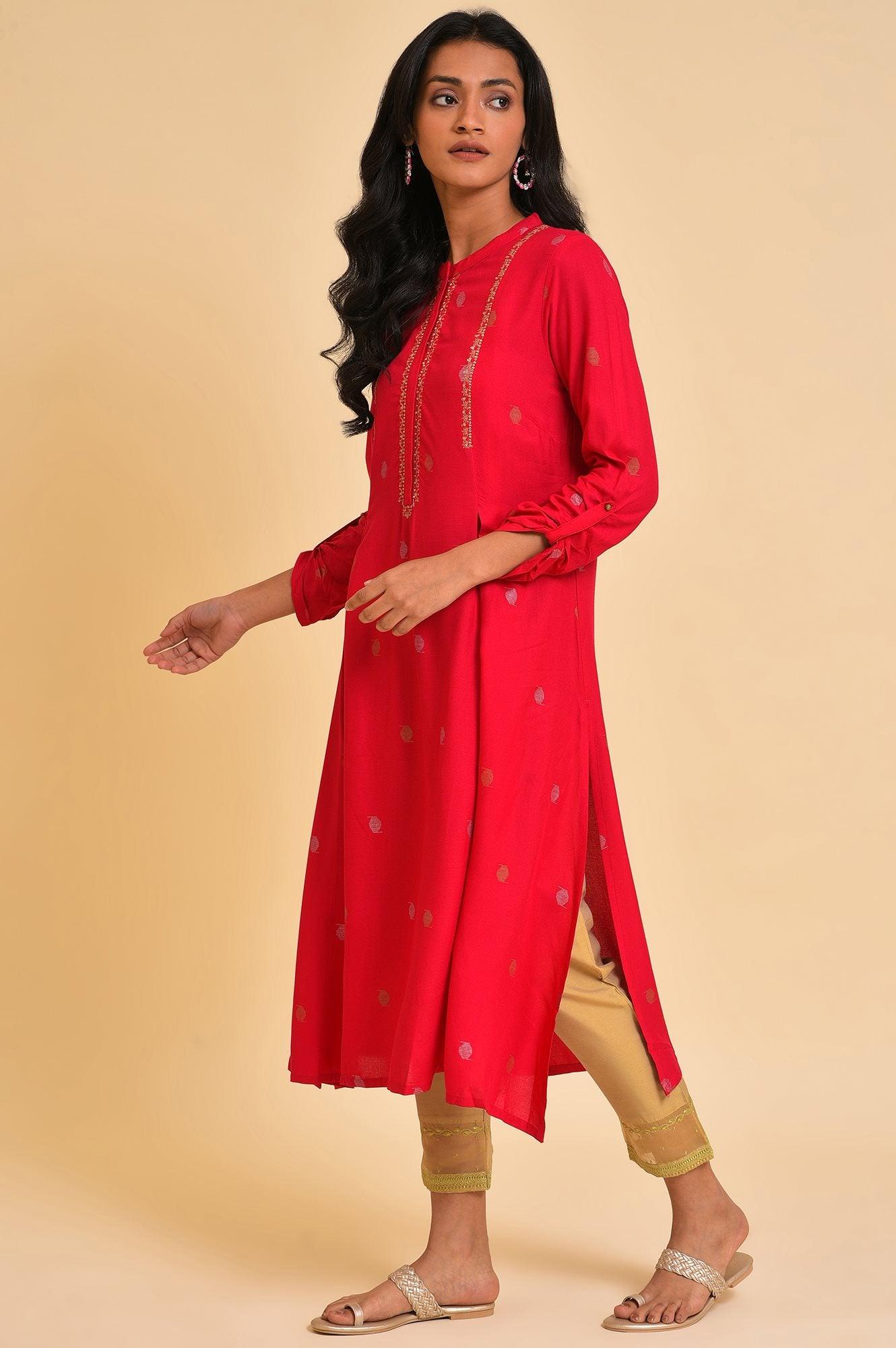 Red Embroidered Festive Kurta And Pants Set - wforwoman