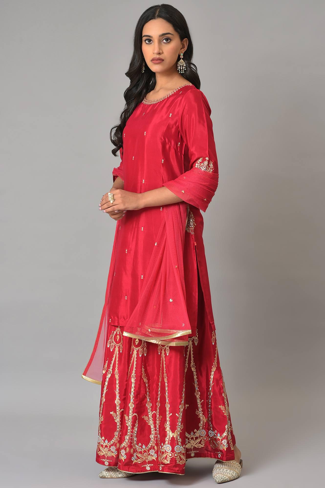 Red Embroidered Festive kurta With Culottes And Mesh Dupatta - wforwoman