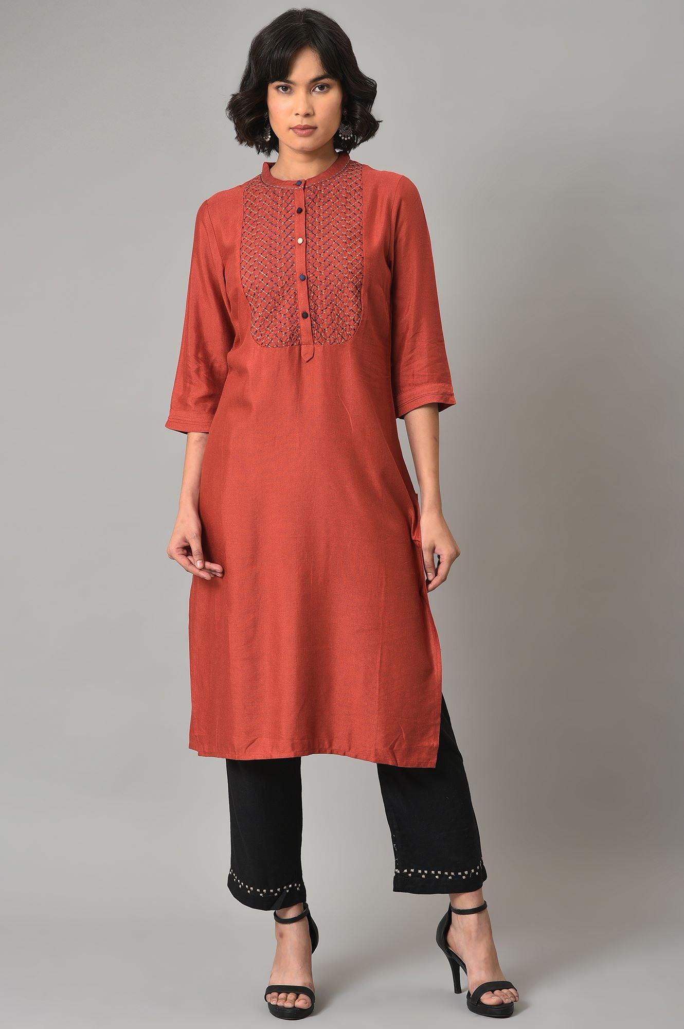Brick Red Thread Embroidered kurta With Black Straight Pants - wforwoman