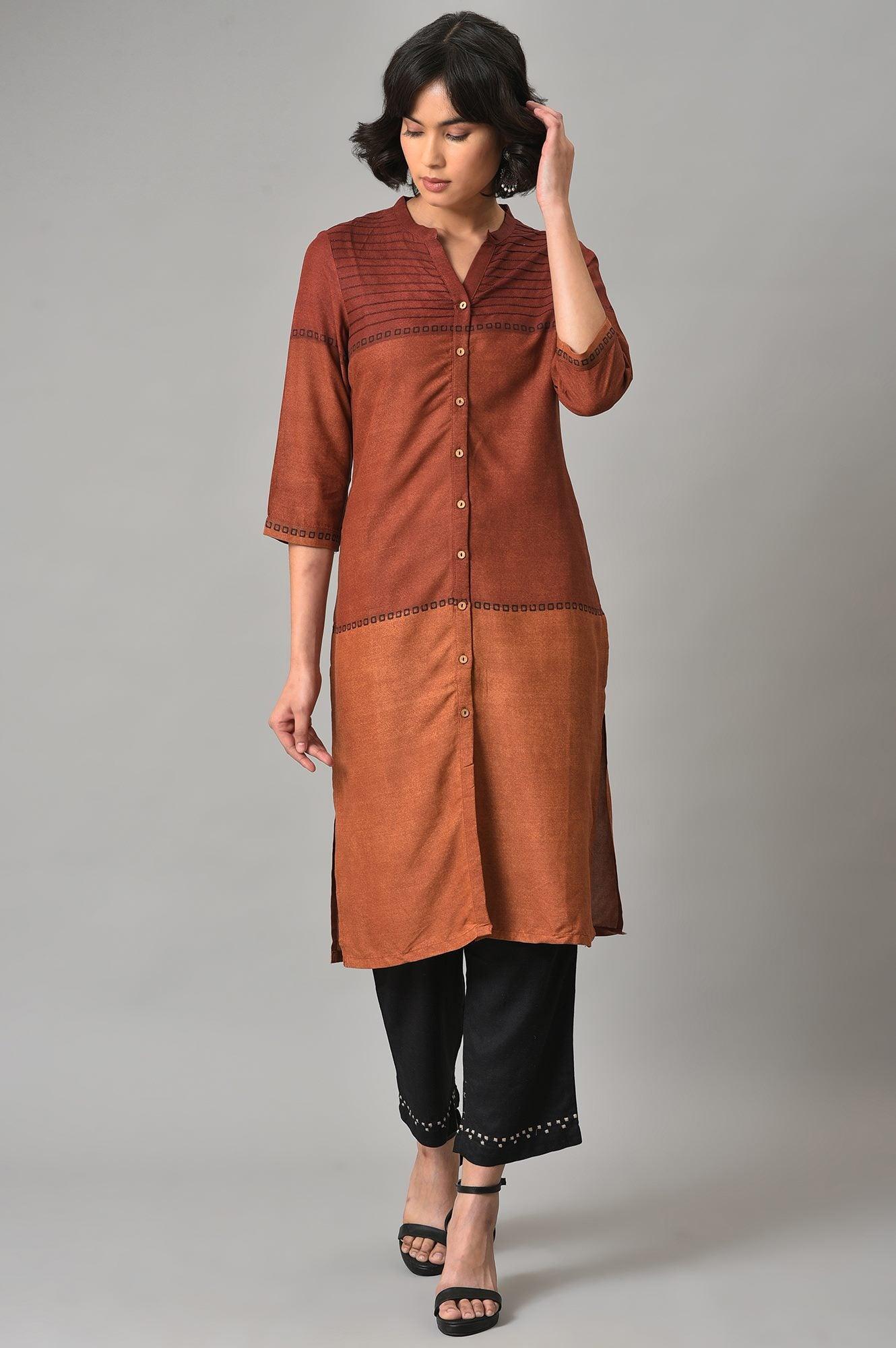 Red Printed Mandarin Collar kurta With Black Straight Pants - wforwoman