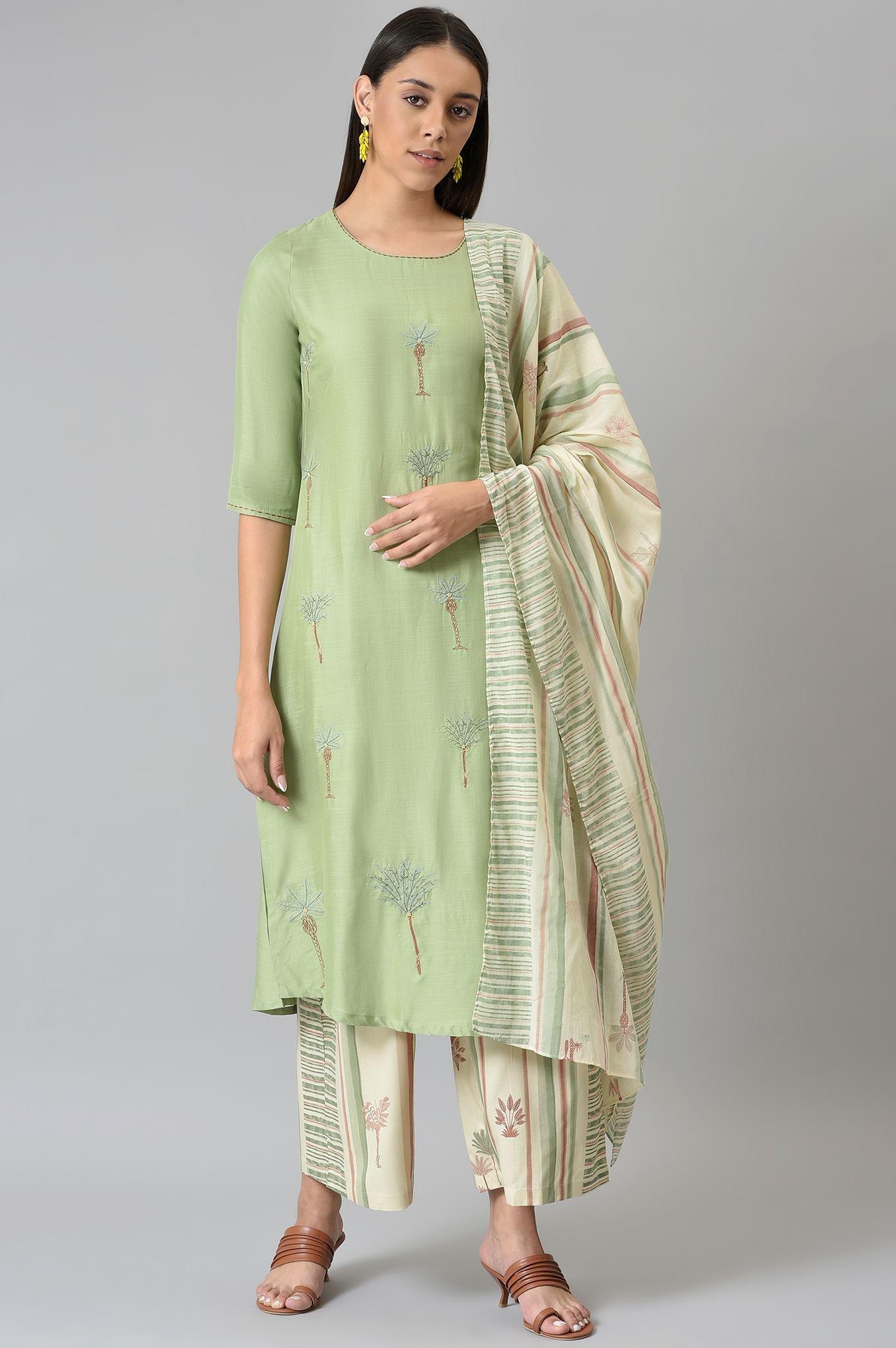 Light Green Embroidered kurta With Printed Parallel Pants And Dupatta - wforwoman