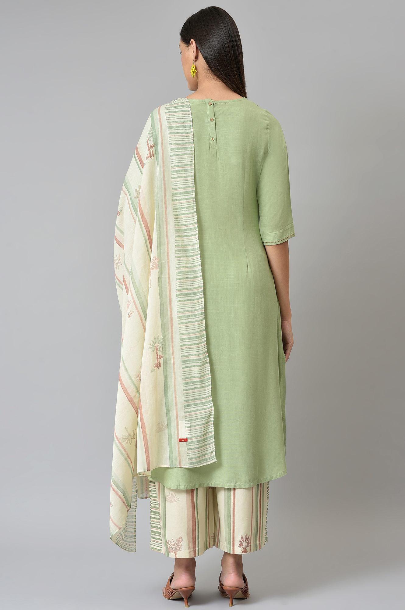 Light Green Embroidered kurta With Printed Parallel Pants And Dupatta - wforwoman