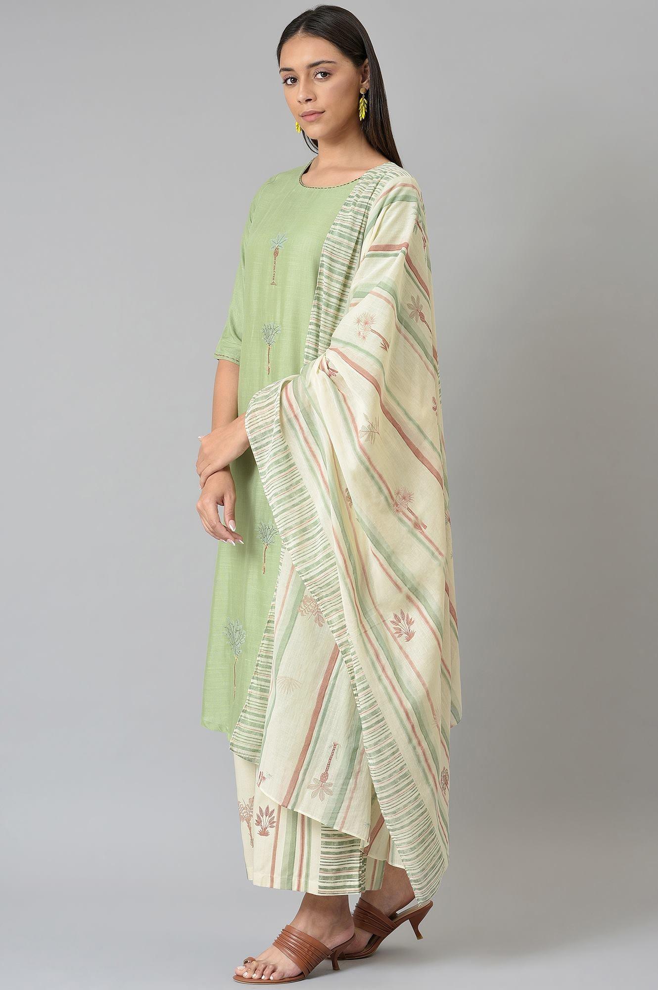 Light Green Embroidered kurta With Printed Parallel Pants And Dupatta - wforwoman