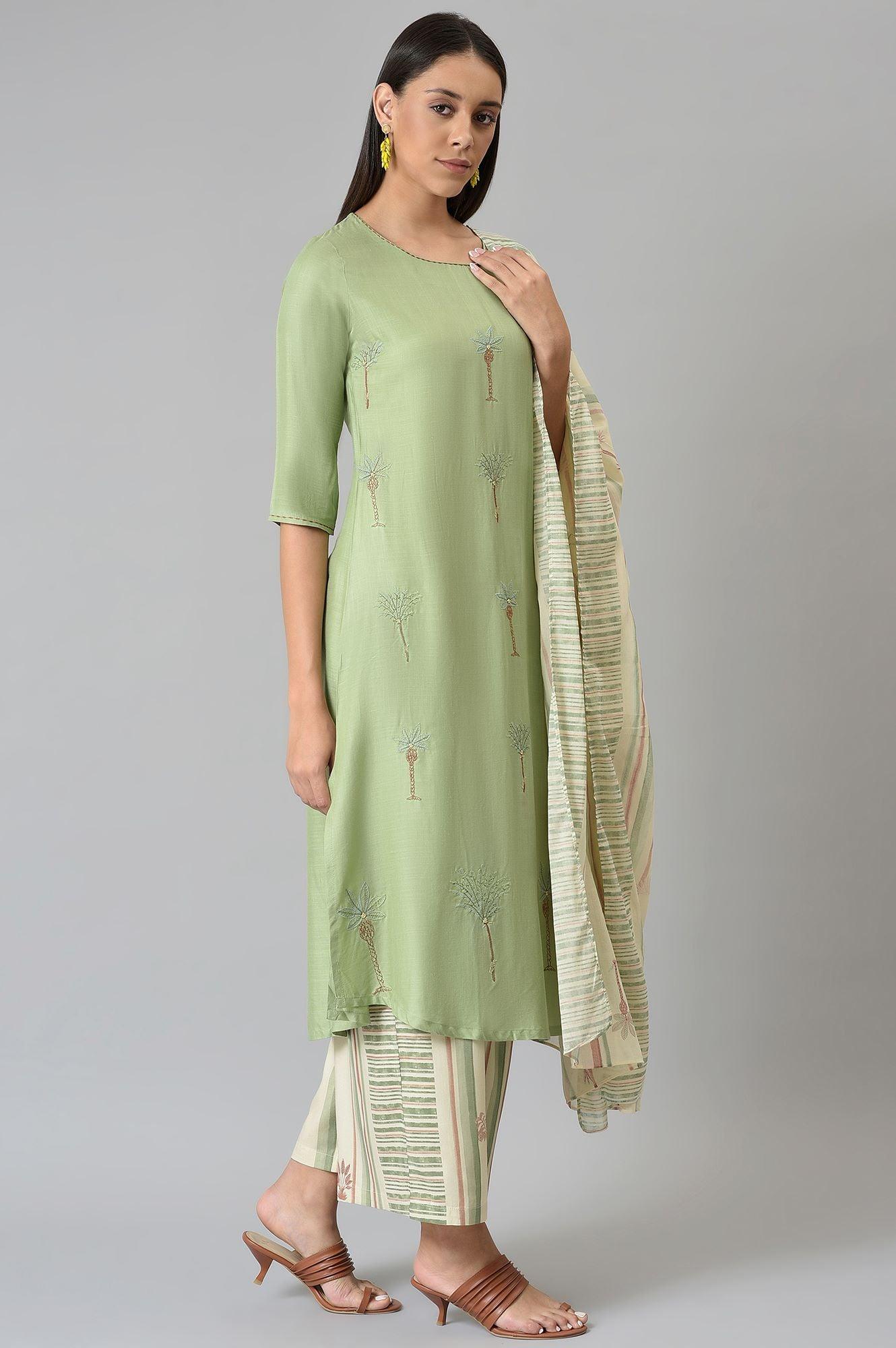 Light Green Embroidered kurta With Printed Parallel Pants And Dupatta - wforwoman