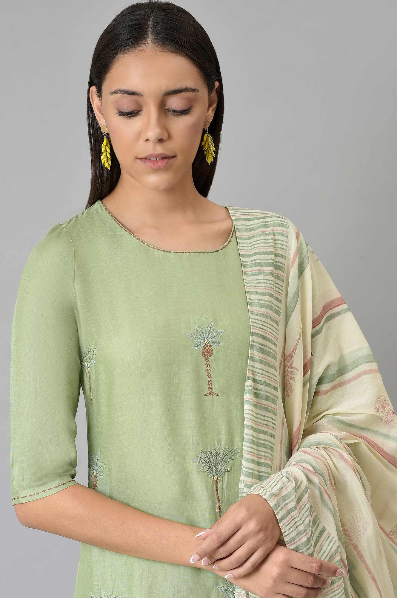 Light Green Embroidered kurta With Printed Parallel Pants And Dupatta - wforwoman