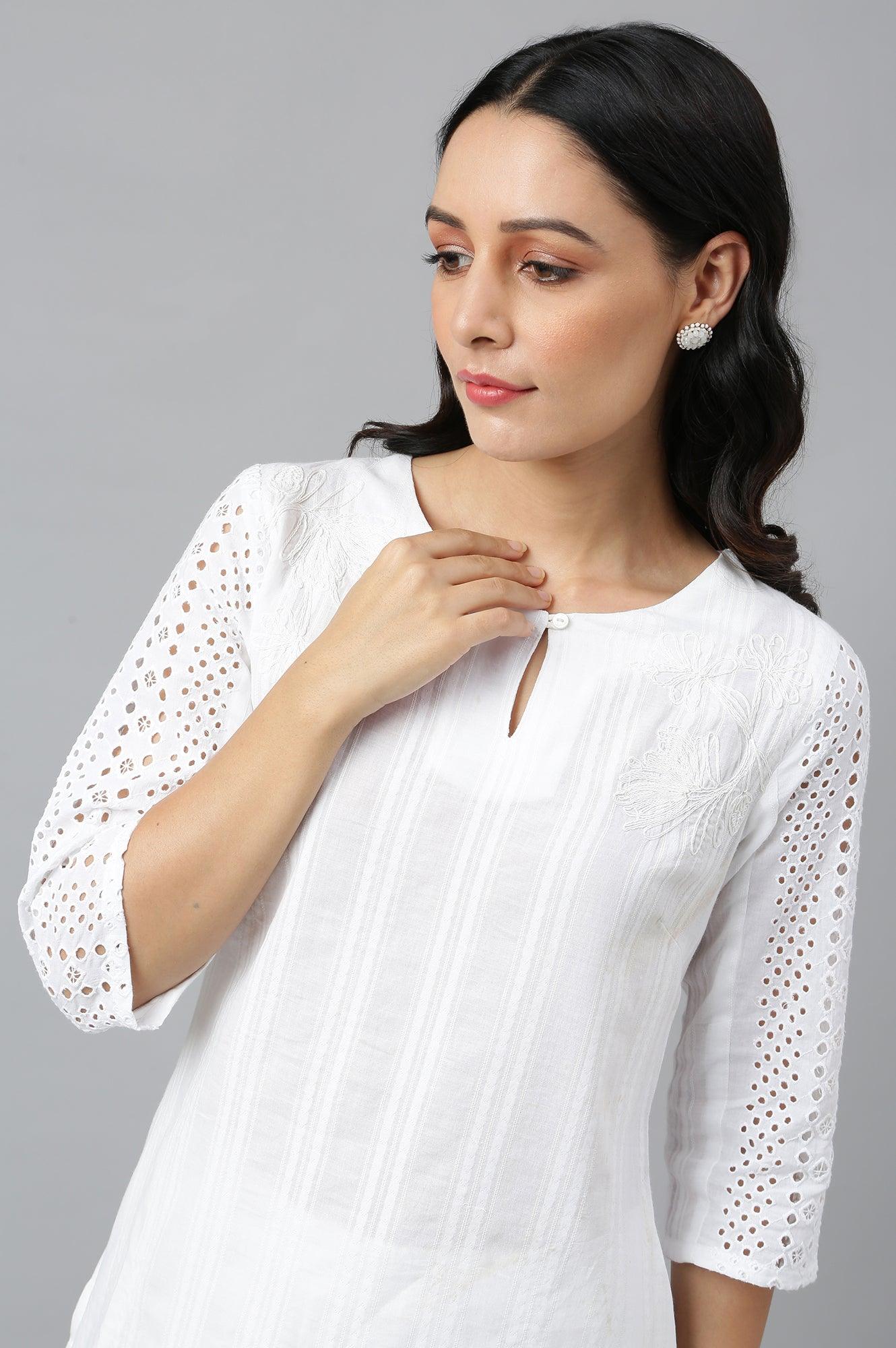 Ecru Textured Schiffli kurta With Pants Set - wforwoman