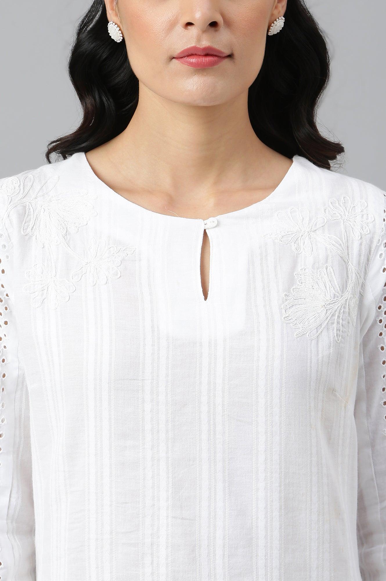 Ecru Textured Schiffli kurta With Pants Set - wforwoman