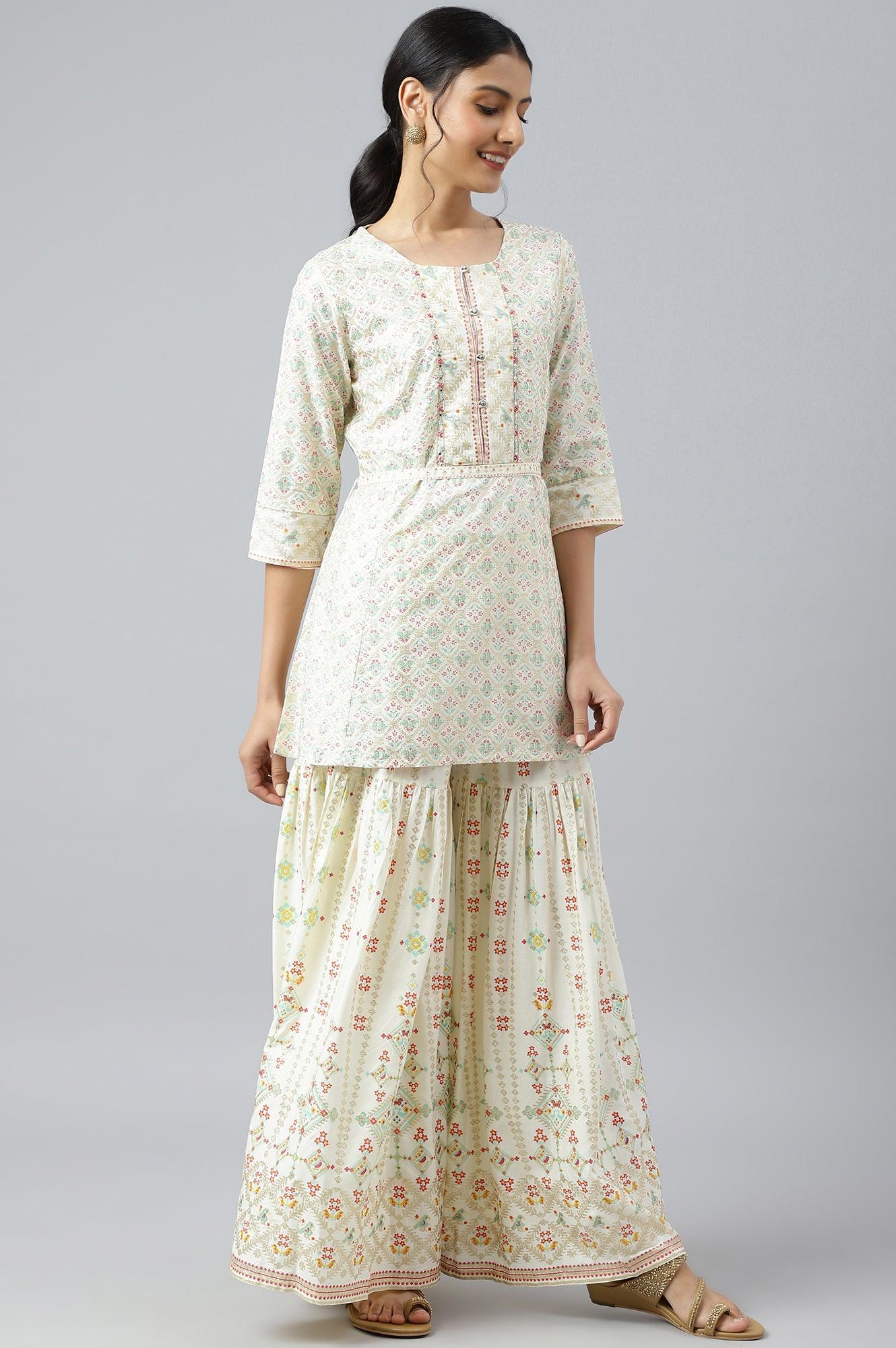 Ecru Festive Short kurta And Sharara Set - wforwoman