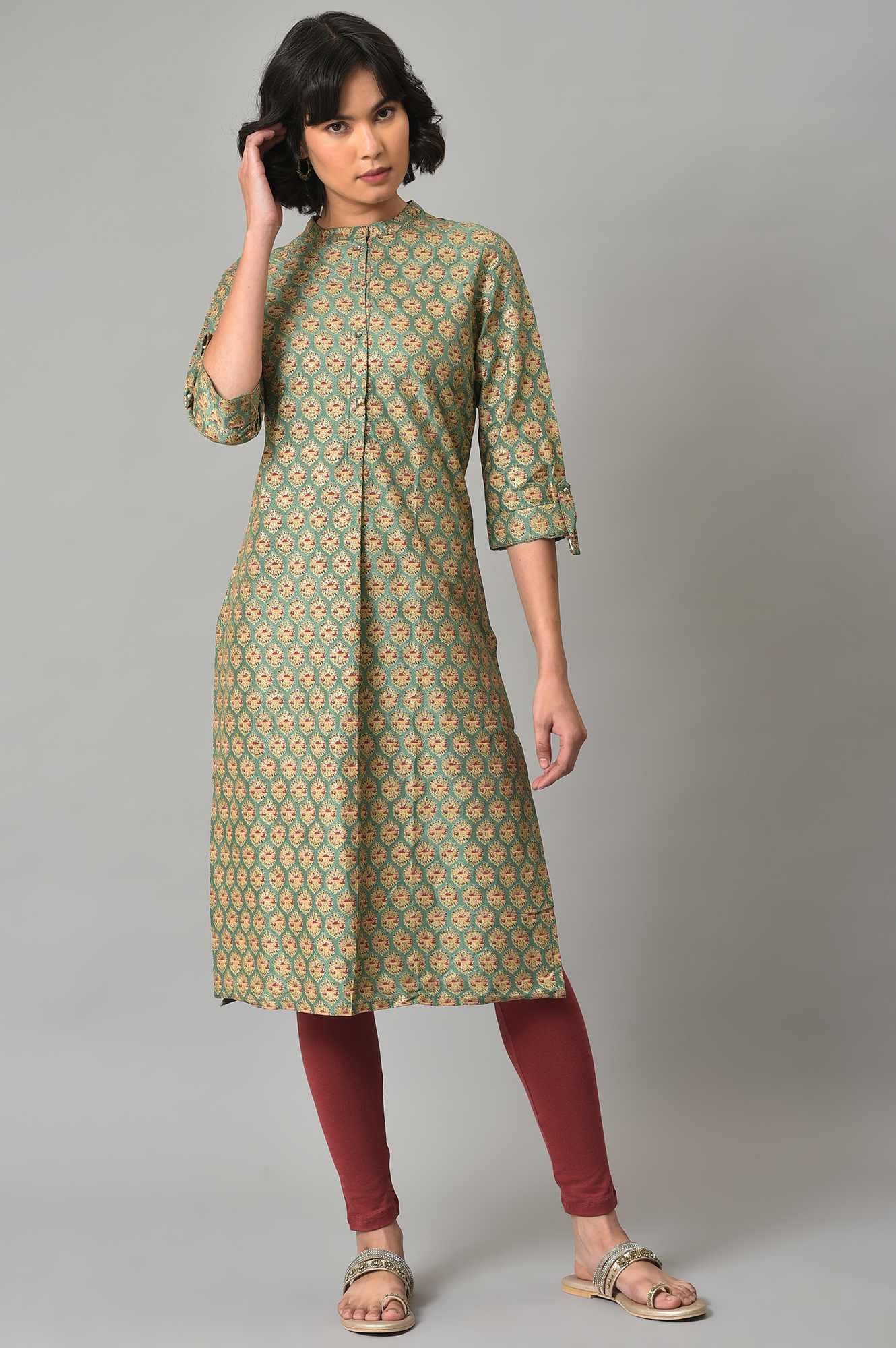 Light Green Shirt kurta With Red Tights - wforwoman