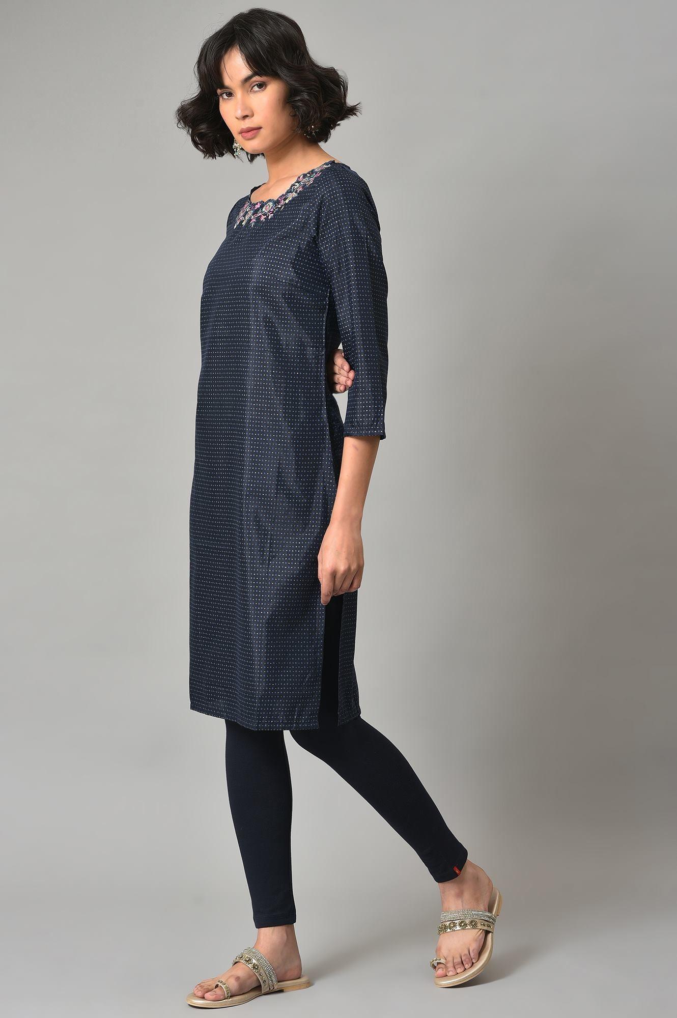 Dark Blue Embroidered kurta With Tights - wforwoman