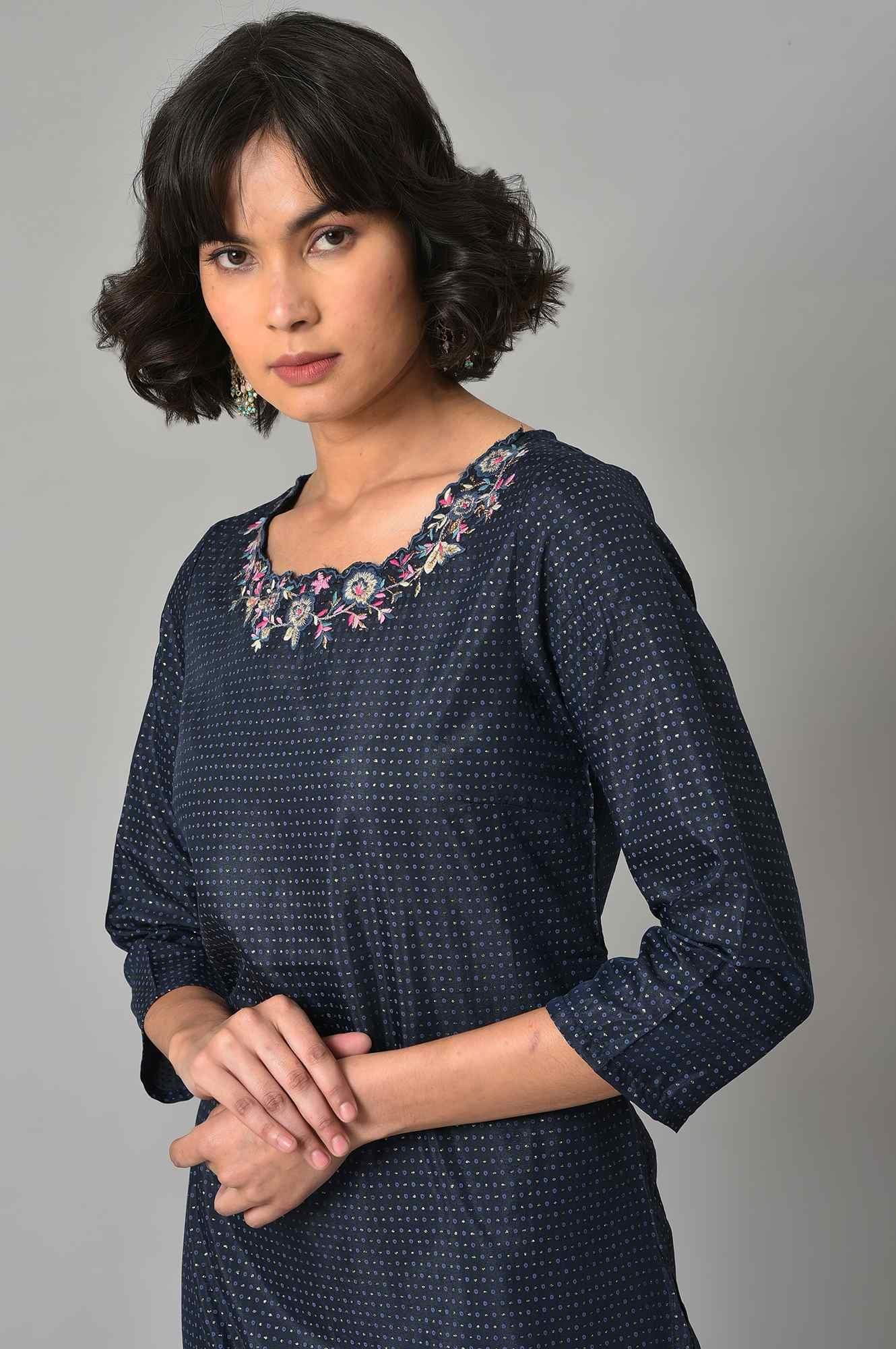 Dark Blue Embroidered kurta With Tights - wforwoman