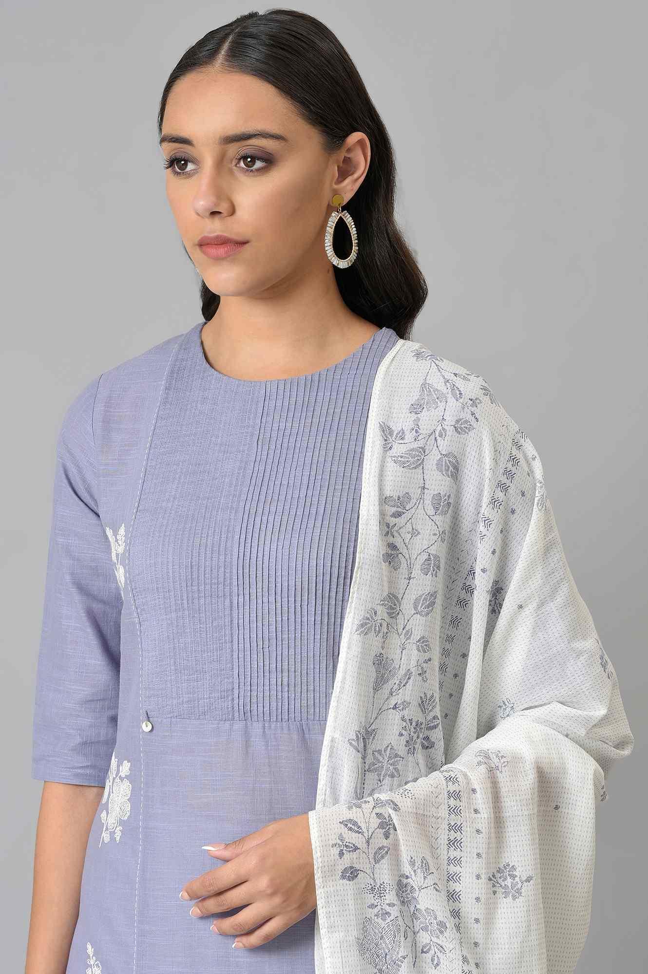 Blue Embroidered kurta With Ecru Parallel Pants And Floral Printed Dupatta - wforwoman