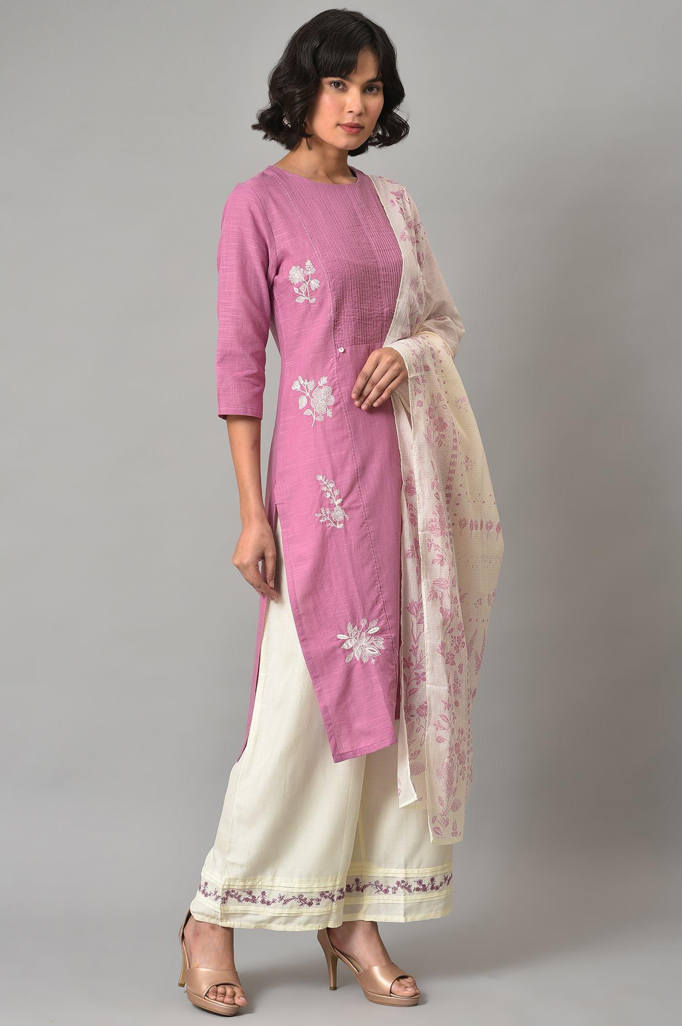 Liva Eco Pink Embroidered kurta With Off-White Pants And Dupatta Set - wforwoman