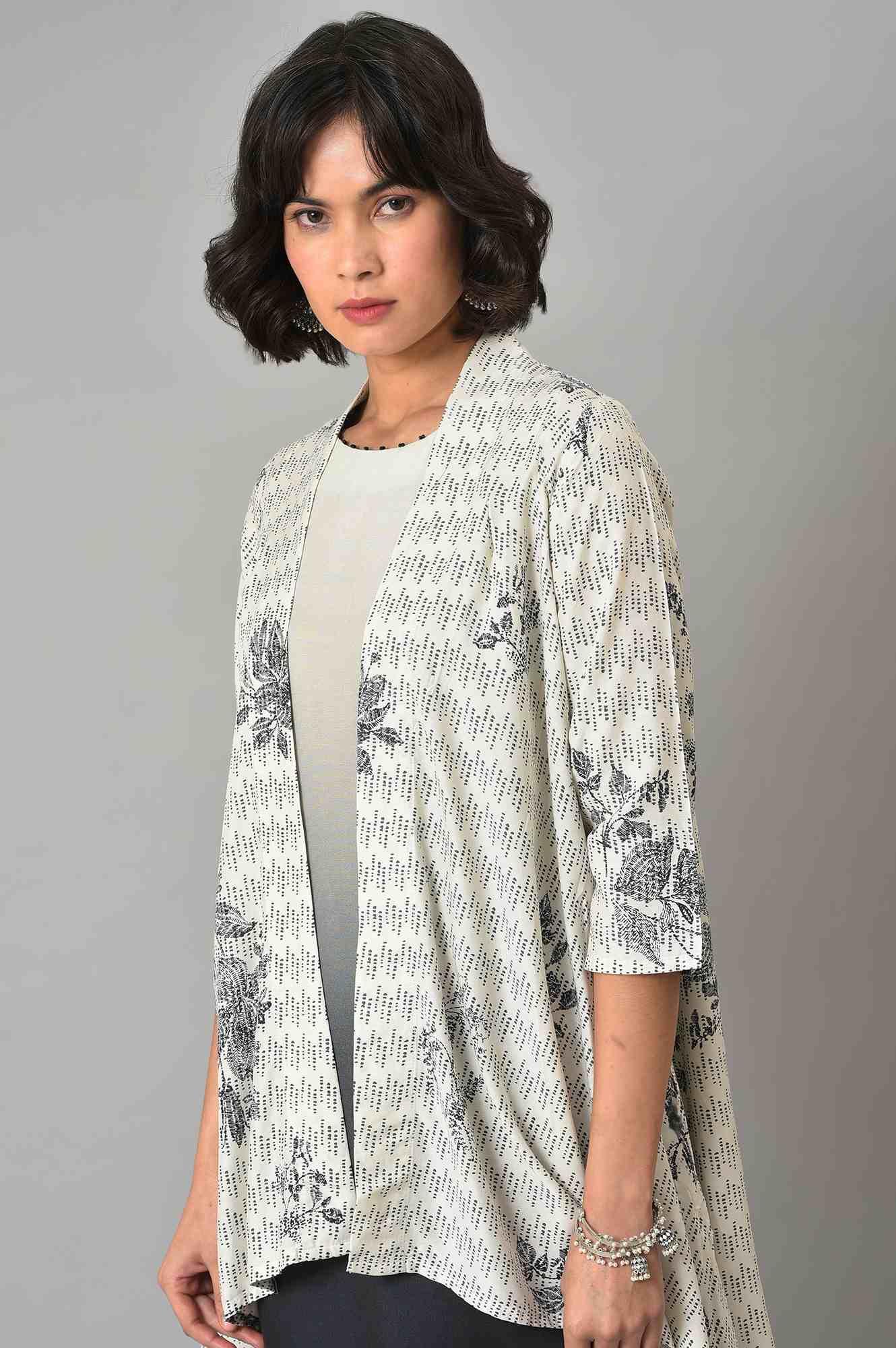White And Deep Blue Ombre kurta With Printed Gillet And Parallel Pants - wforwoman