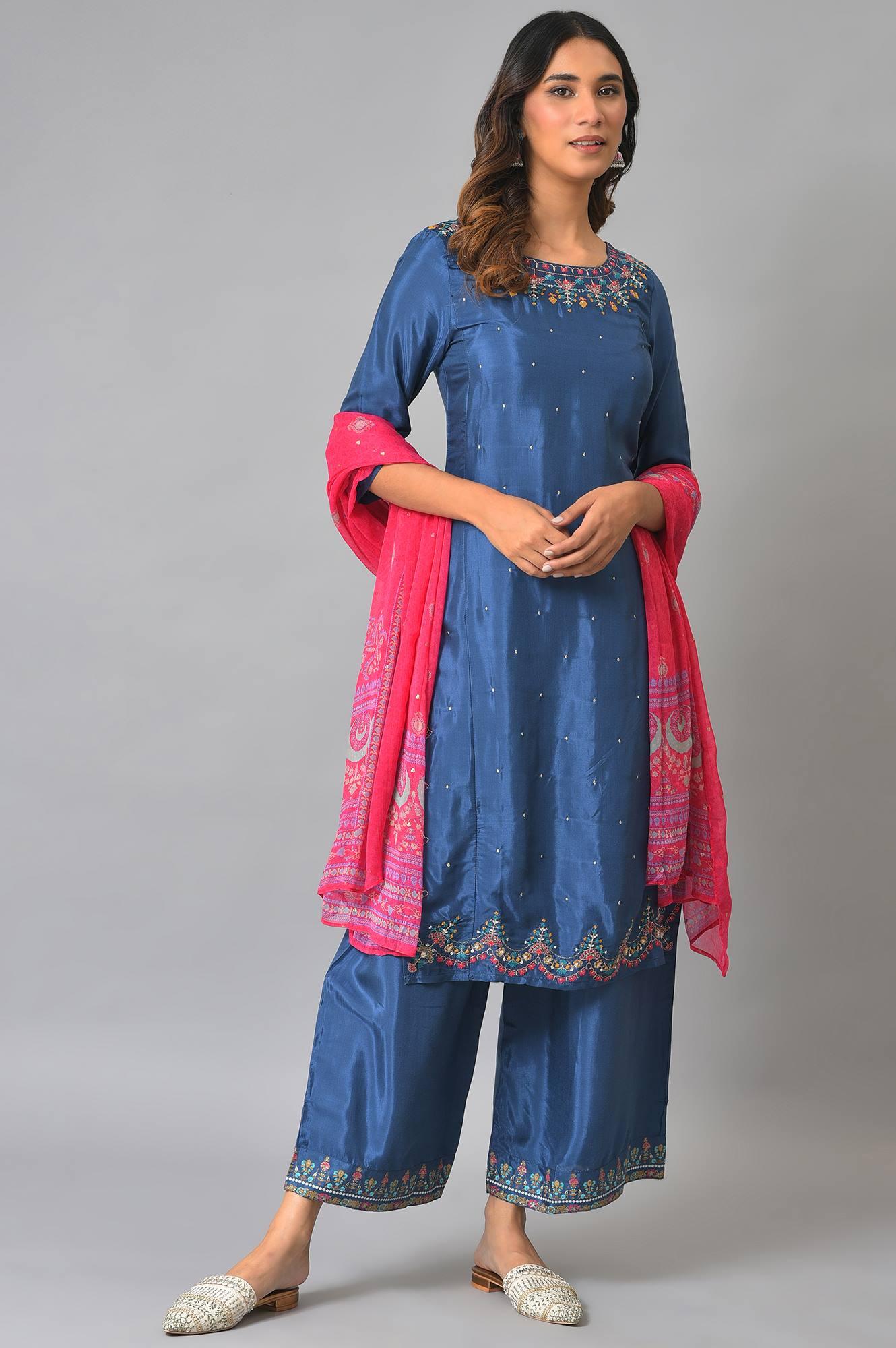 Plus Size Blue Embroidered kurta With Parallel Pants And Pink Dupatta - wforwoman