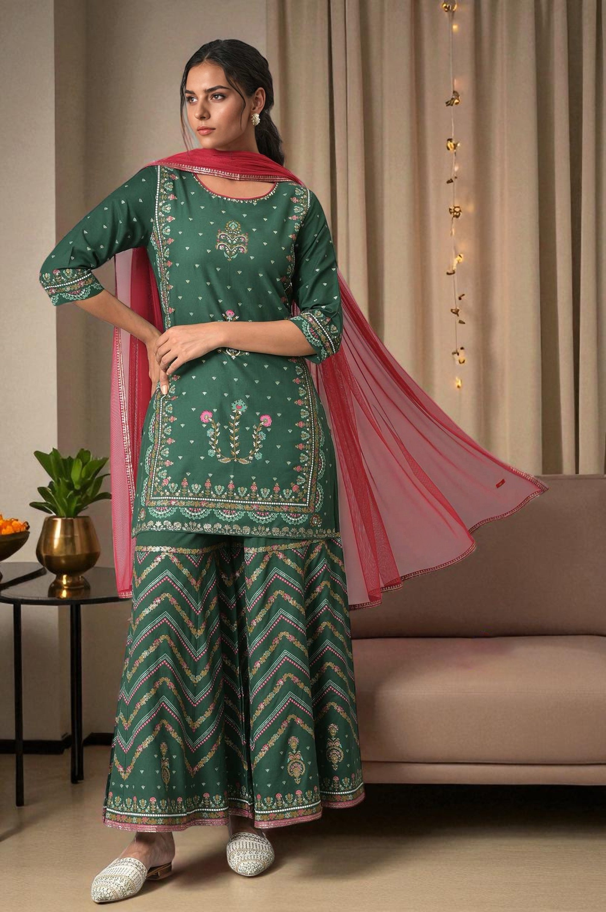 Dark Green Glitter Floral Printed kurta With Sharara Pants And Pink Dupatta