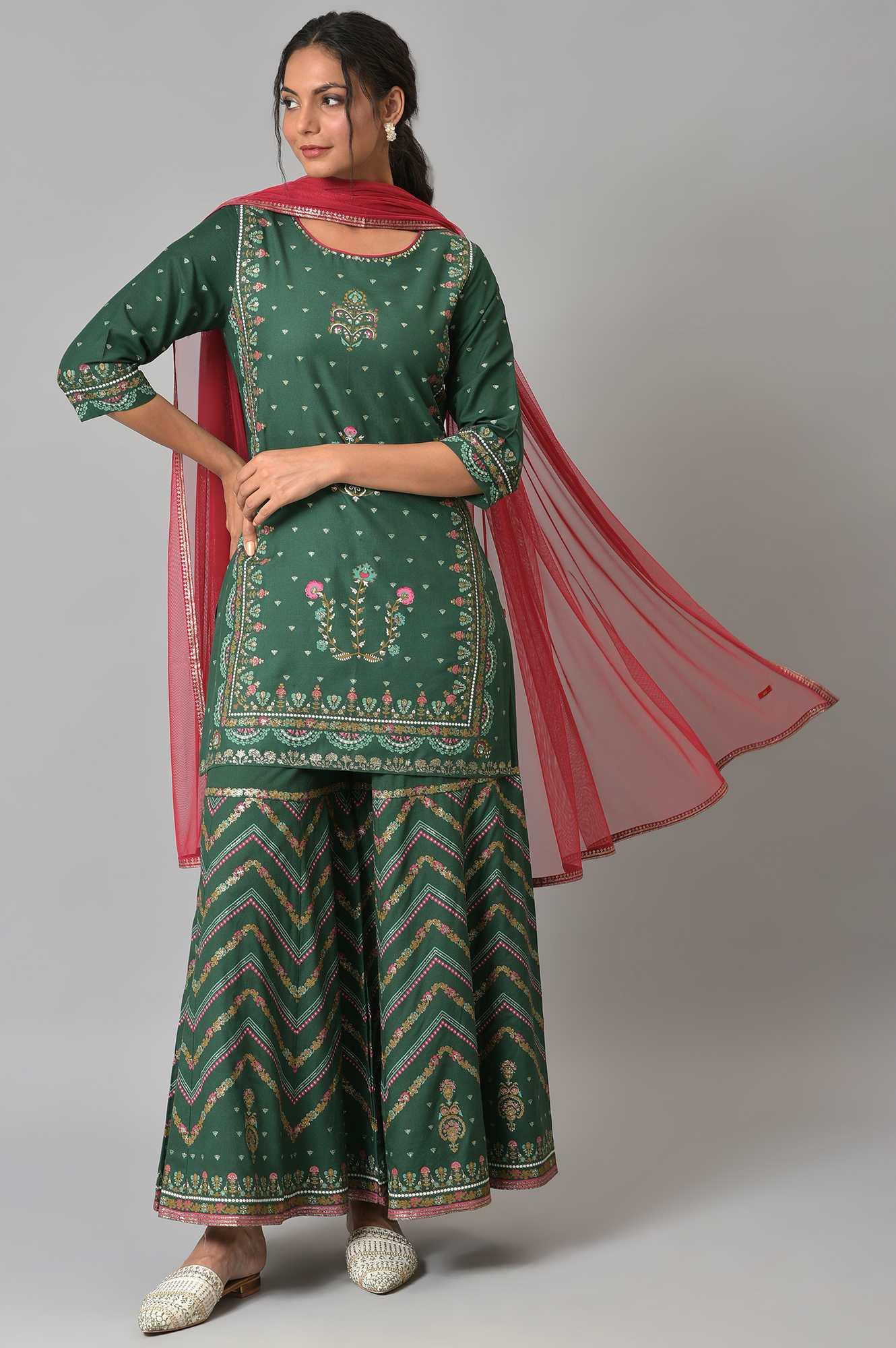Dark Green Glitter Floral Printed kurta With Sharara Pants And Pink Dupatta - wforwoman