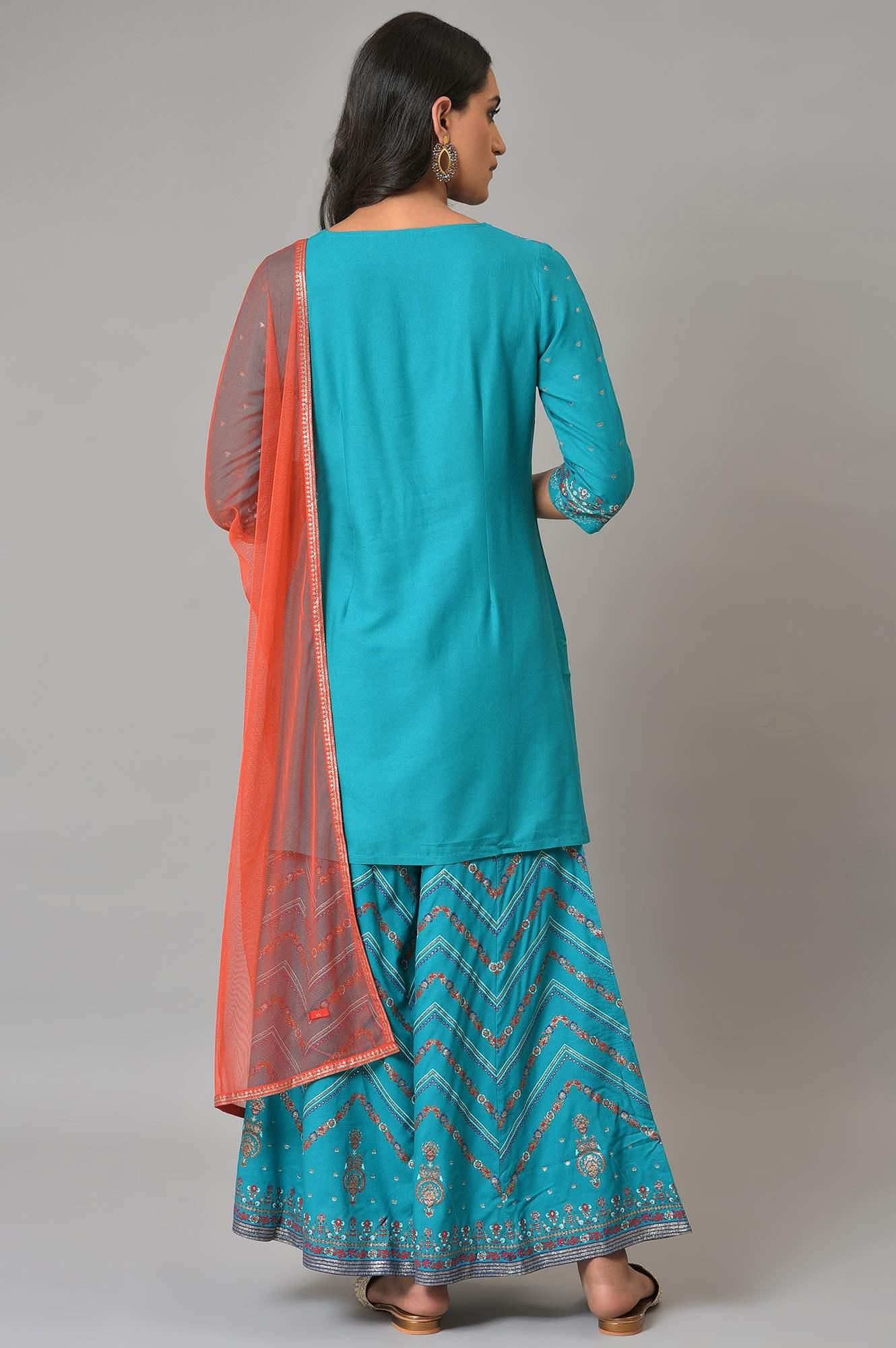 Teal Blue Festive kurta With Sharara And Orange Mesh Dupatta - wforwoman