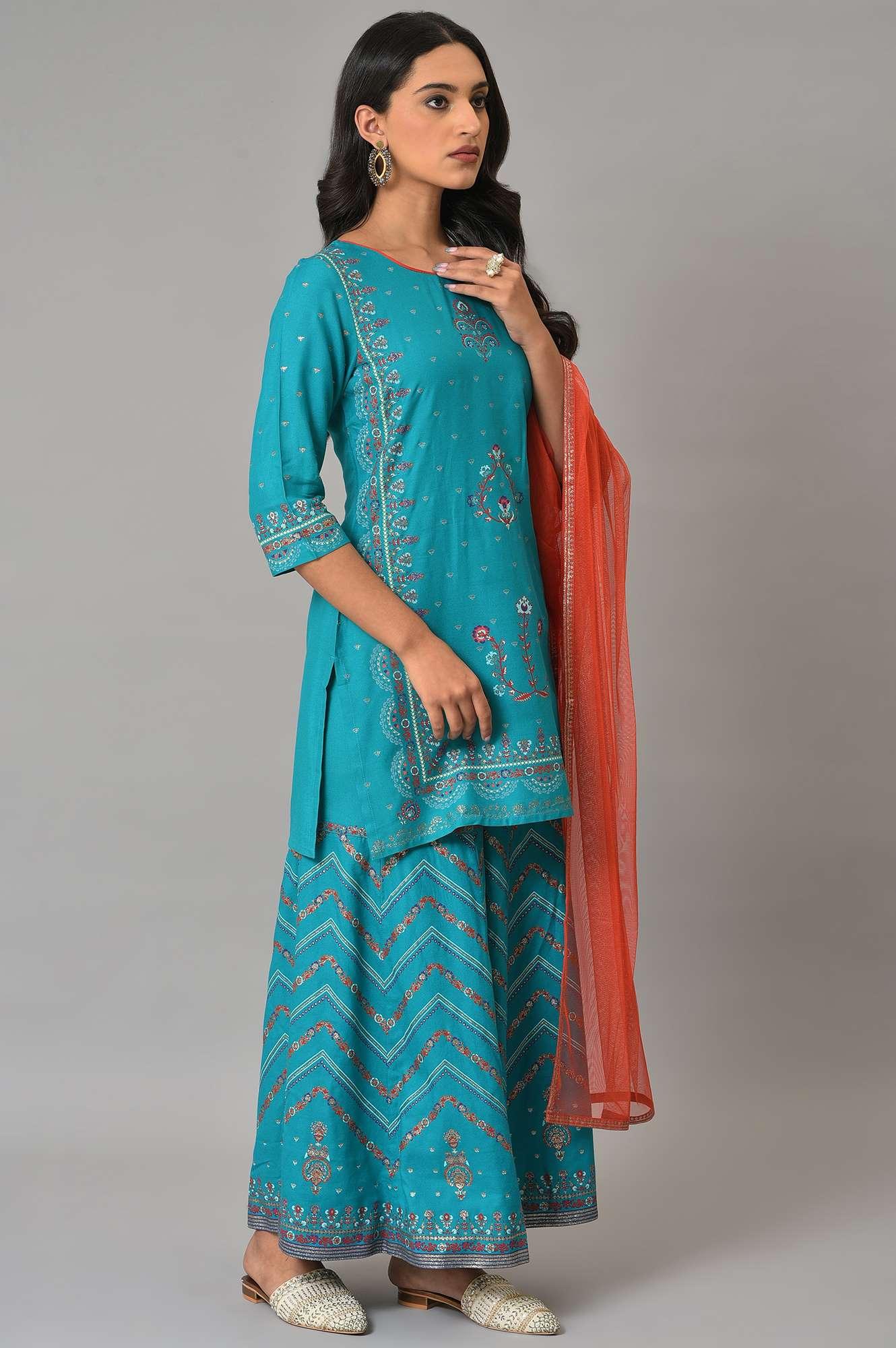 Teal Blue Festive kurta With Sharara And Orange Mesh Dupatta - wforwoman