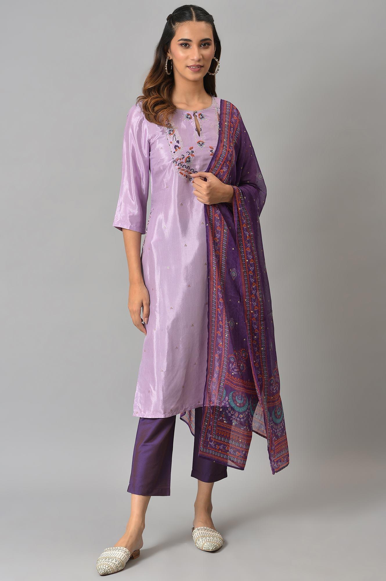 Purple Embroidered kurta With Slim Pants And Printed Dupatta - wforwoman