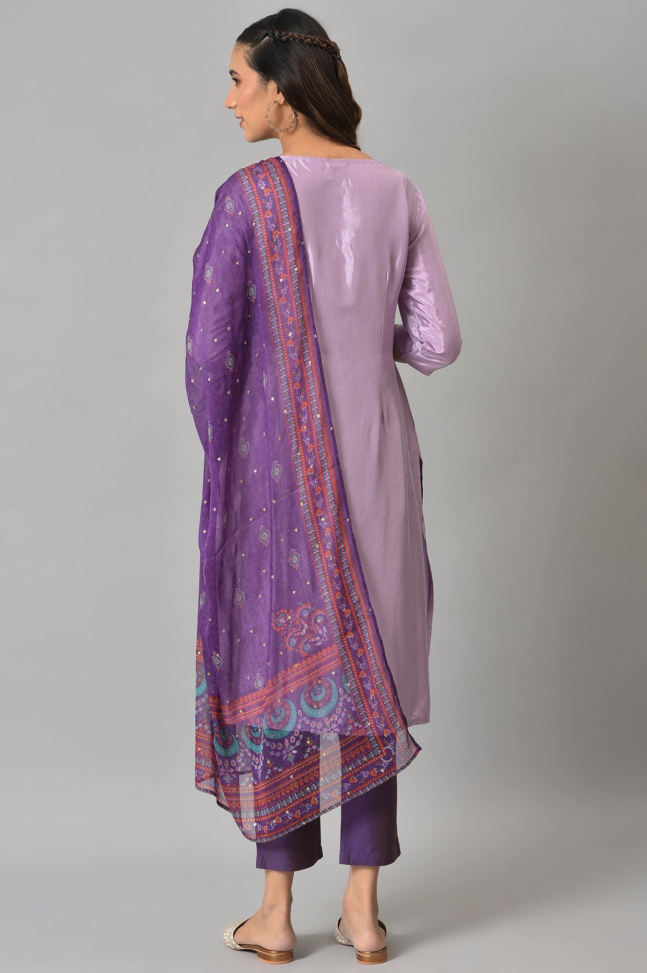 Purple Embroidered kurta With Slim Pants And Printed Dupatta - wforwoman