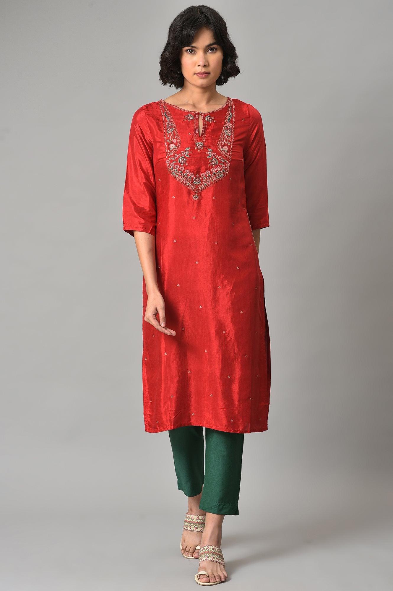 Red Embroidered Shantung kurta - wforwoman