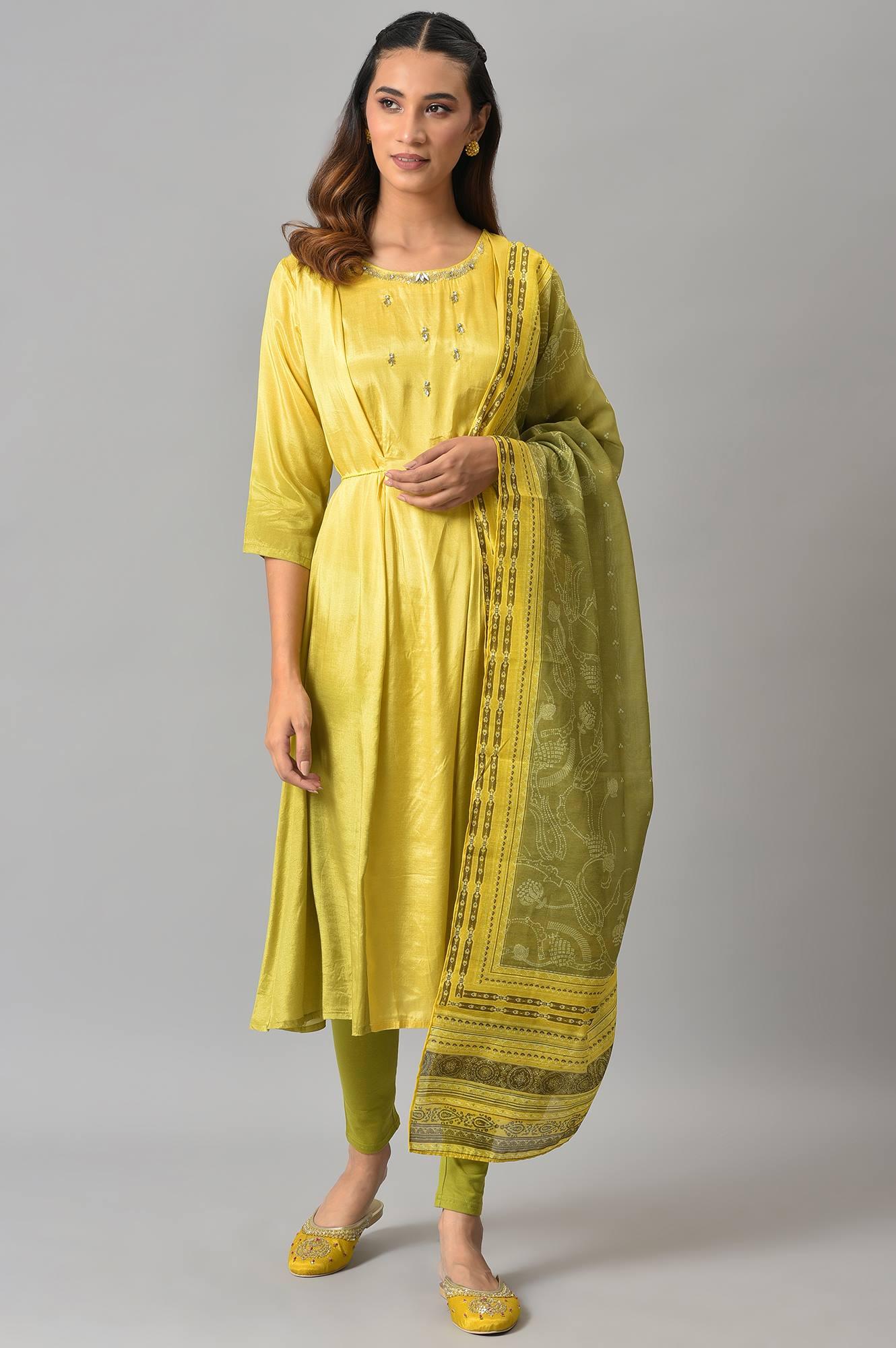 Lemon Yellow and Olive Green Printed Kurta with Tights and Dupatta Set XS