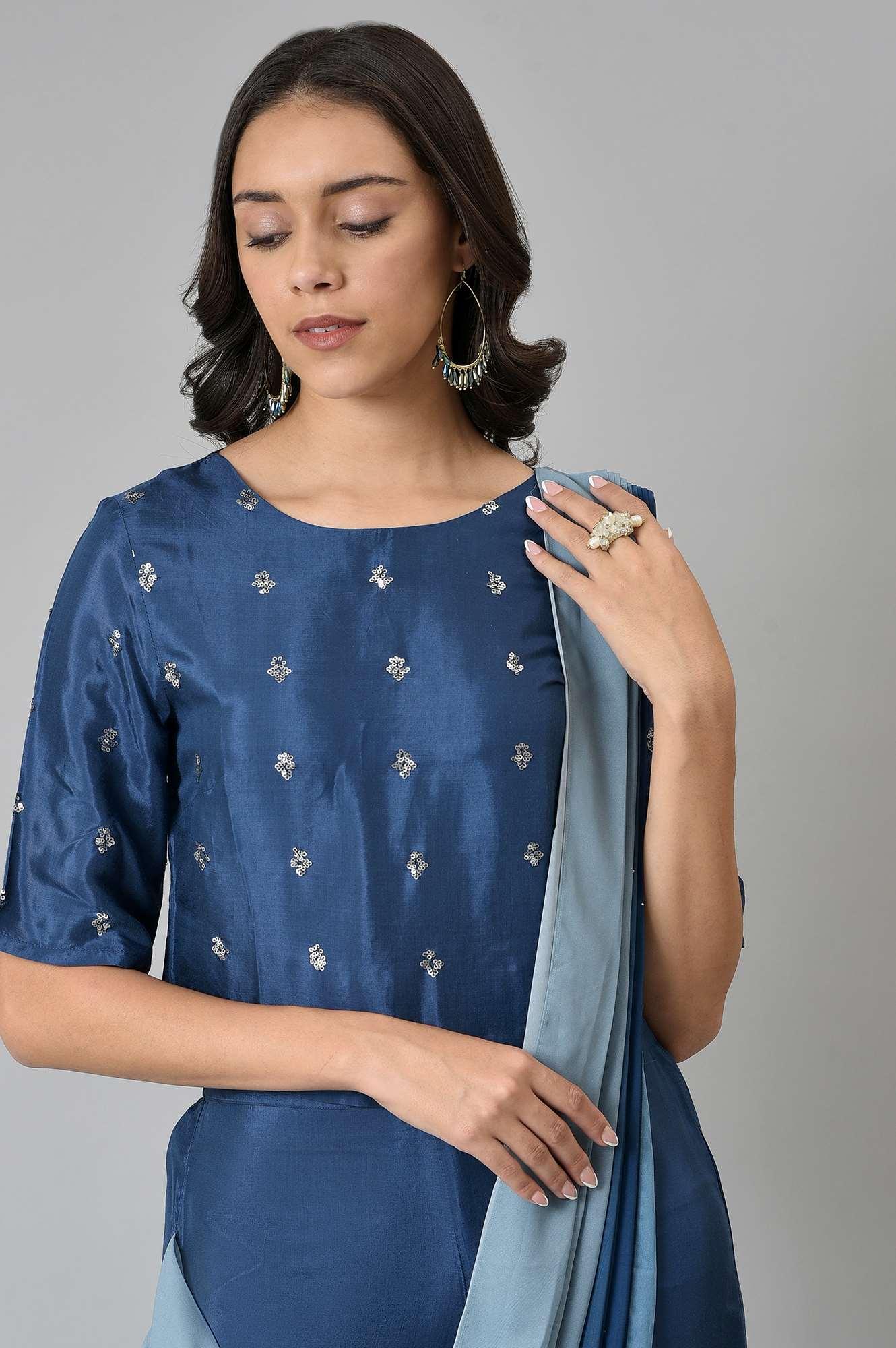 Navy Blue Crop With Pants Having Attached Ombre Drape - wforwoman