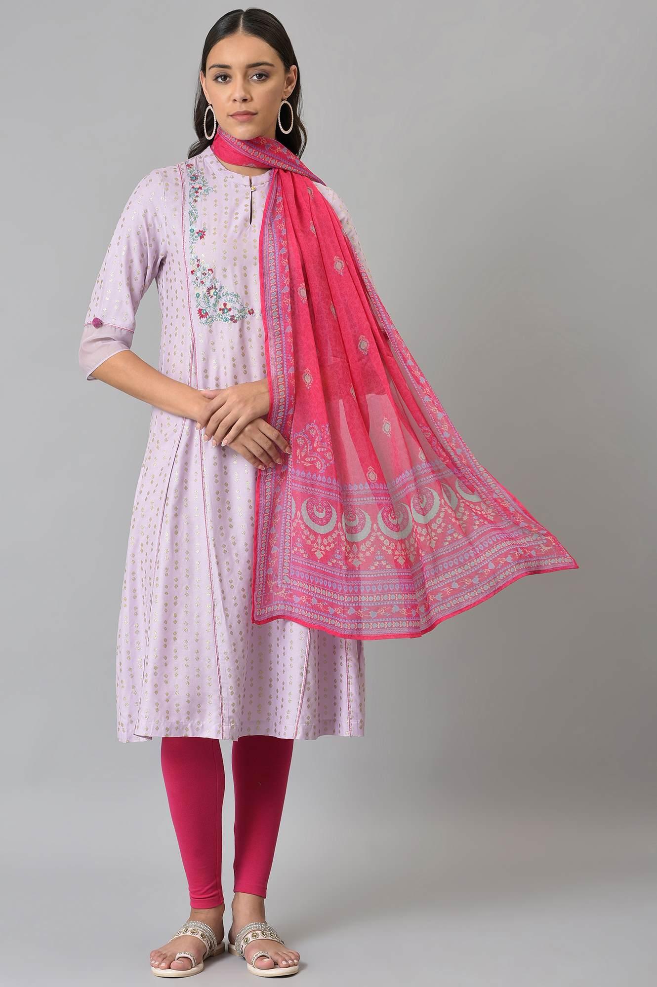 Light Purple Embroidered kurta With Pink Tights And Dupatta - wforwoman