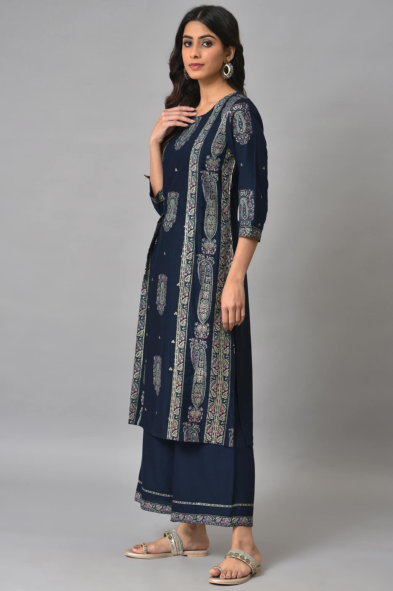 Dark Blue Paisley Printed kurta With Parallel Pants - wforwoman