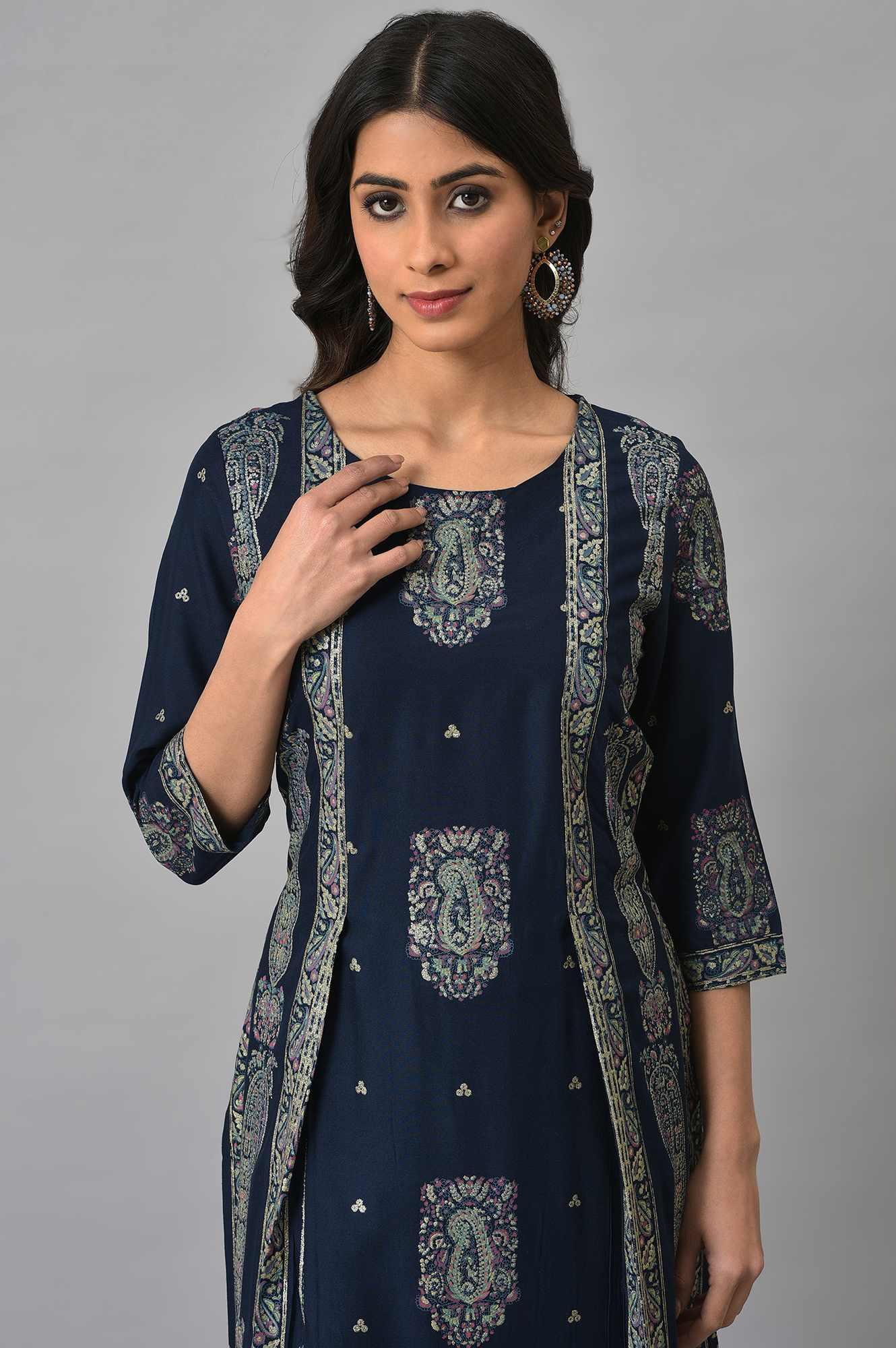 Dark Blue Paisley Printed kurta With Parallel Pants - wforwoman