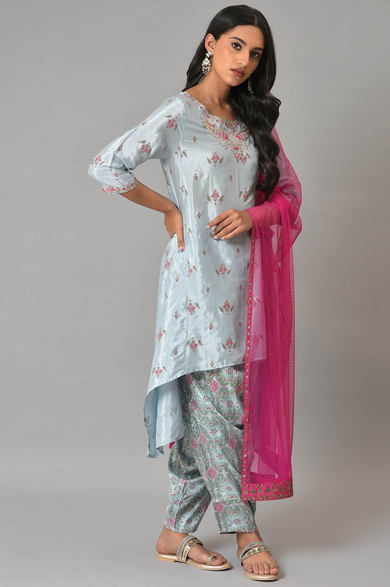 Light Blue Paisley Print High-Low kurta With Draped Pants And Pink Dupatta - wforwoman