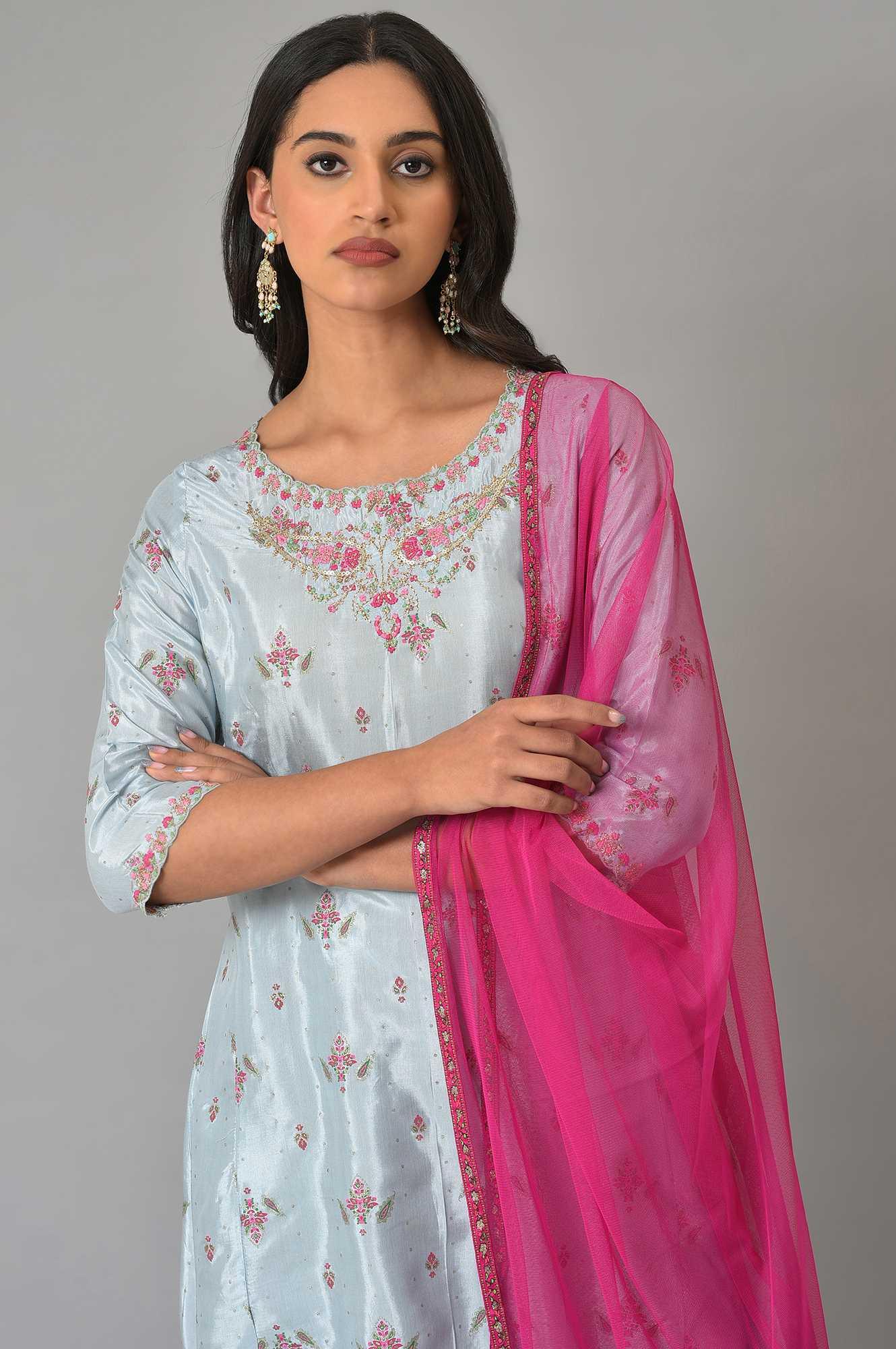 Light Blue Paisley Print High-Low kurta With Draped Pants And Pink Dupatta - wforwoman