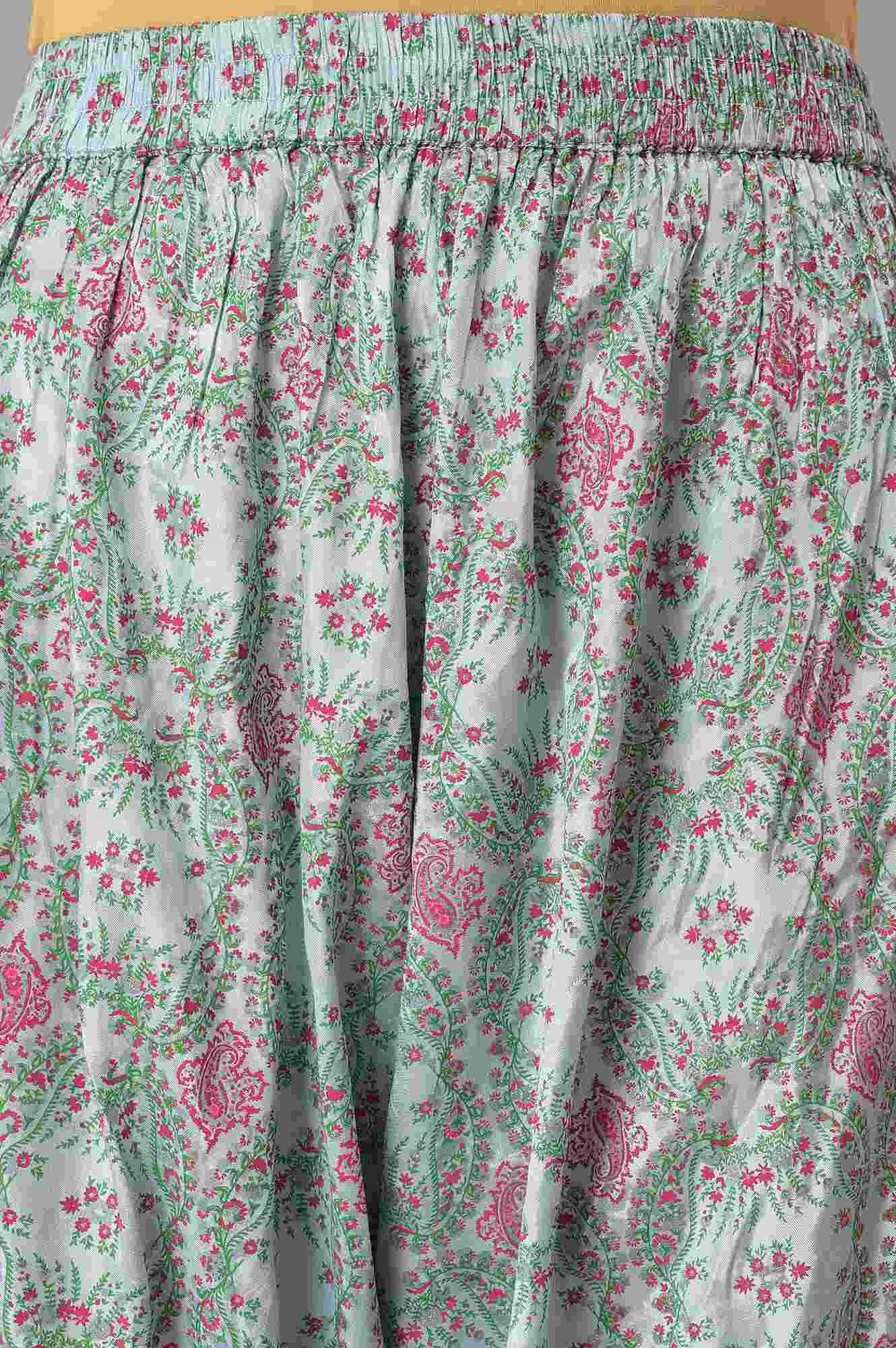 Light Blue Paisley Print High-Low kurta With Draped Pants And Pink Dupatta - wforwoman