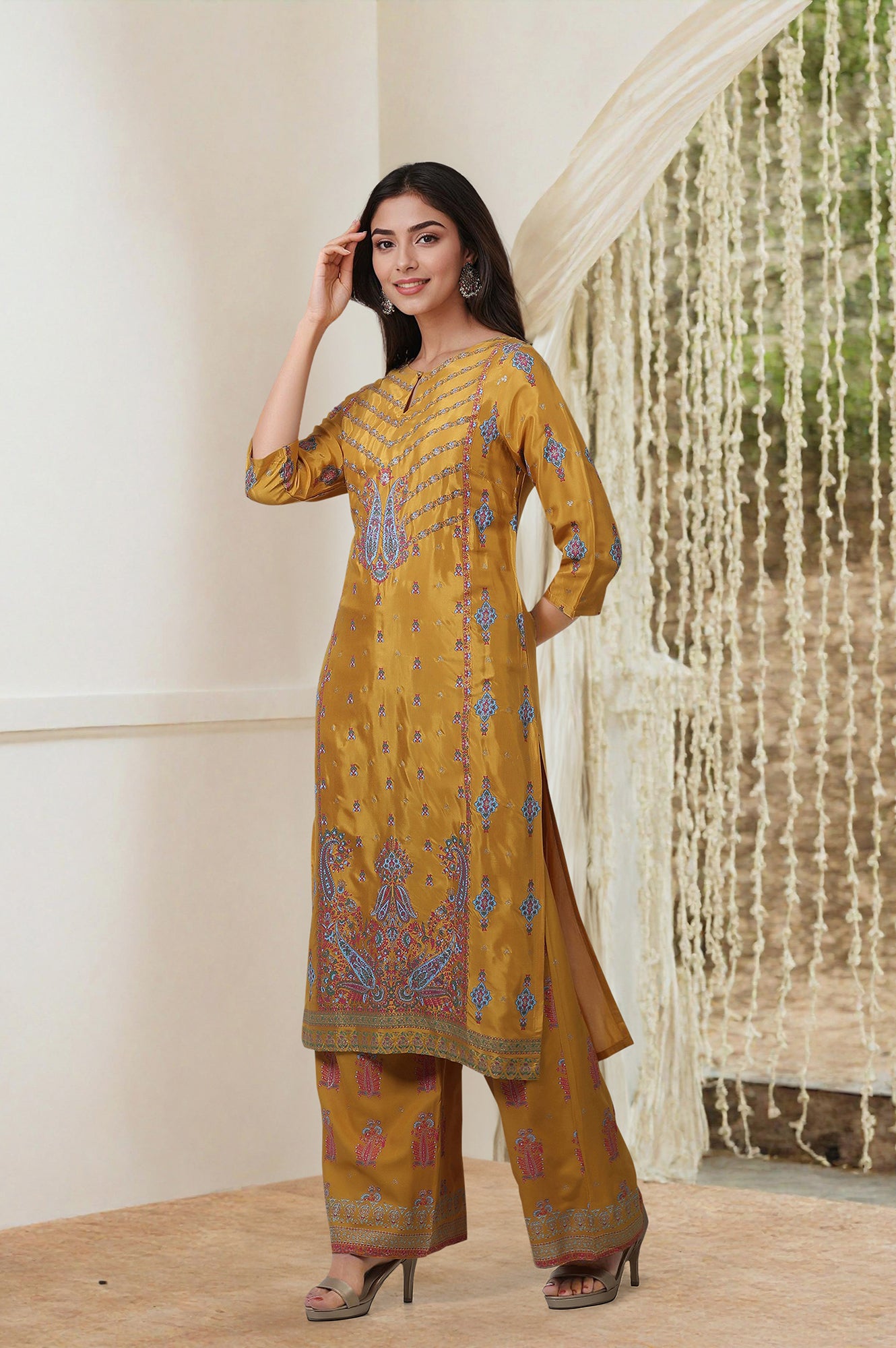 Yellow Glitter Printed Straight Kurta and Pants Co-ord Set