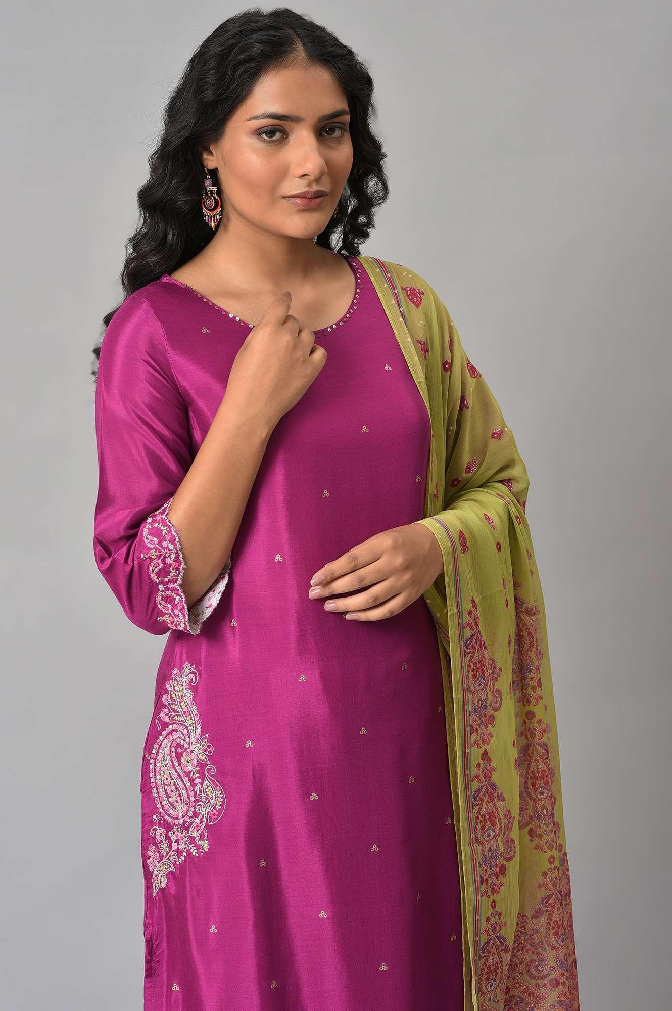 Puruple Shatung Embroidered kurta With Parallel Pants And Light Green Dupatta - wforwoman