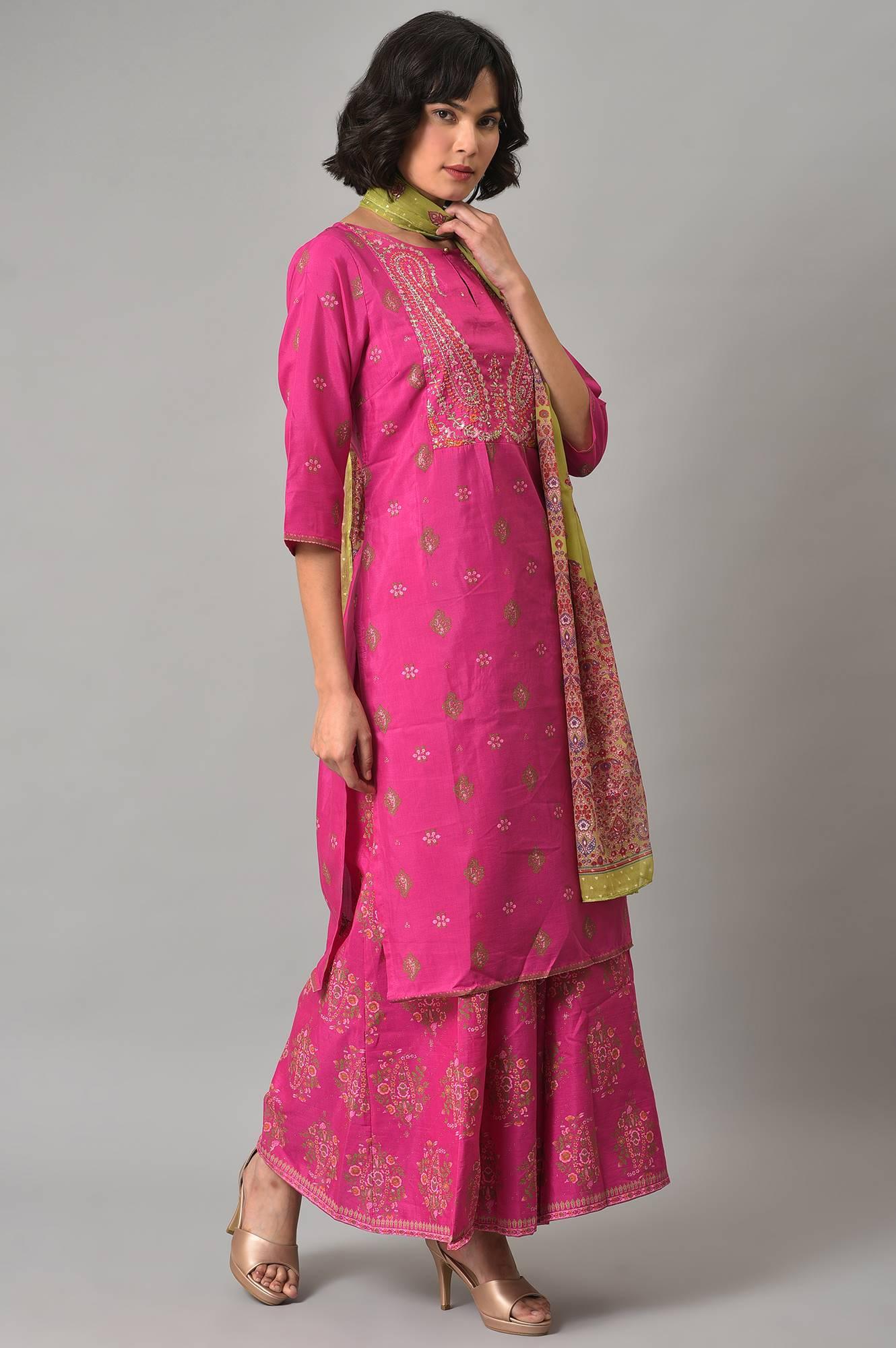 Pink Glitter Printed kurta With Culottes And Green Dupatta - wforwoman