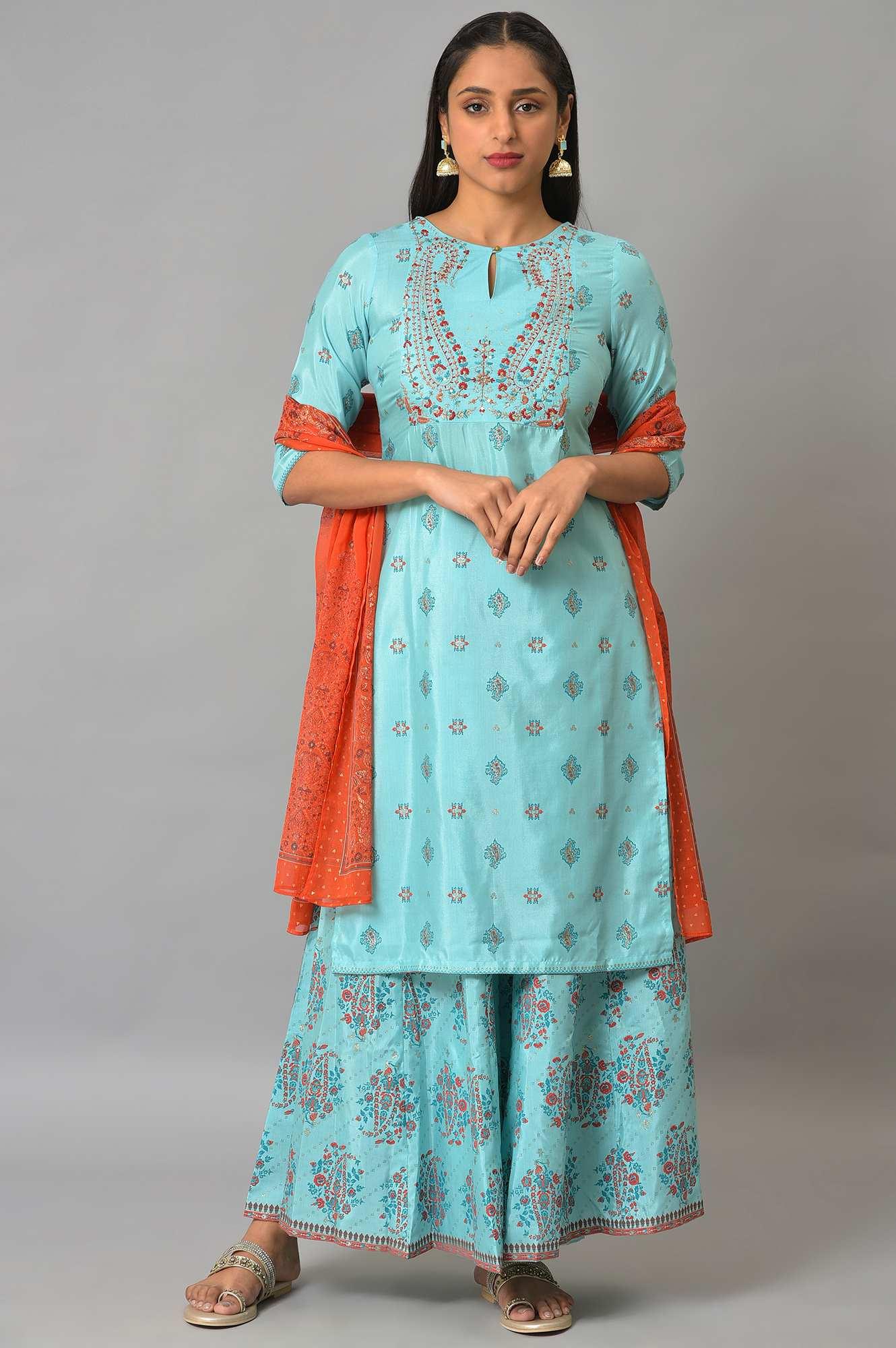 Blue Glitter Printed kurta And Culottes With Red Dupatta - wforwoman