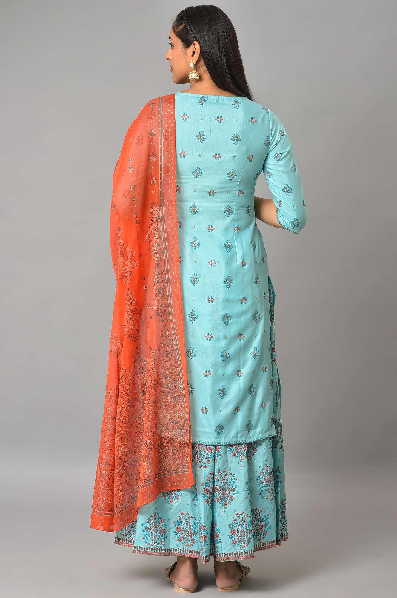 Blue Glitter Printed kurta And Culottes With Red Dupatta - wforwoman