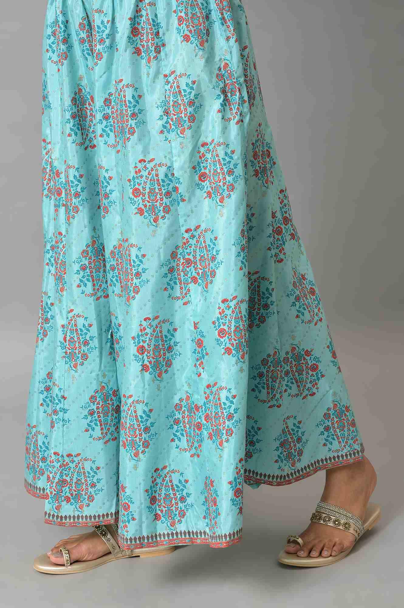 Blue Glitter Printed kurta And Culottes With Red Dupatta - wforwoman