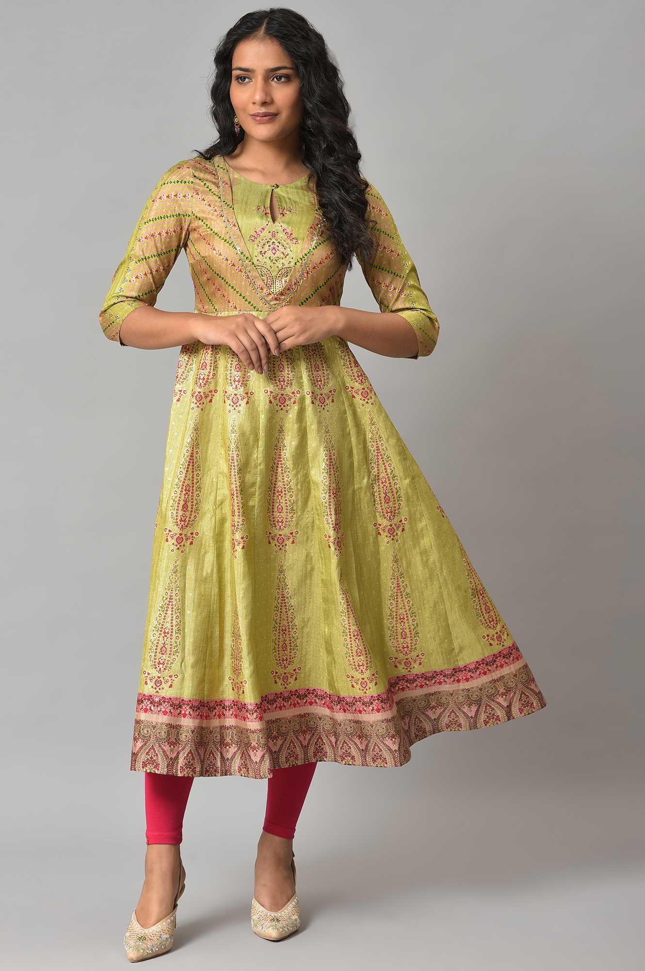 Light Green Karnataka Silk kurta With Dark Pink Tights - wforwoman