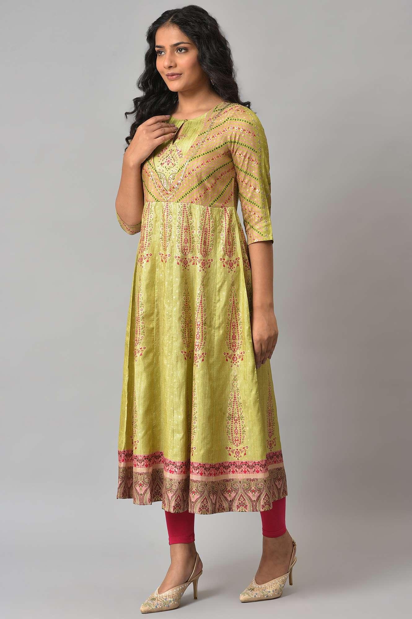 Light Green Karnataka Silk kurta With Dark Pink Tights - wforwoman