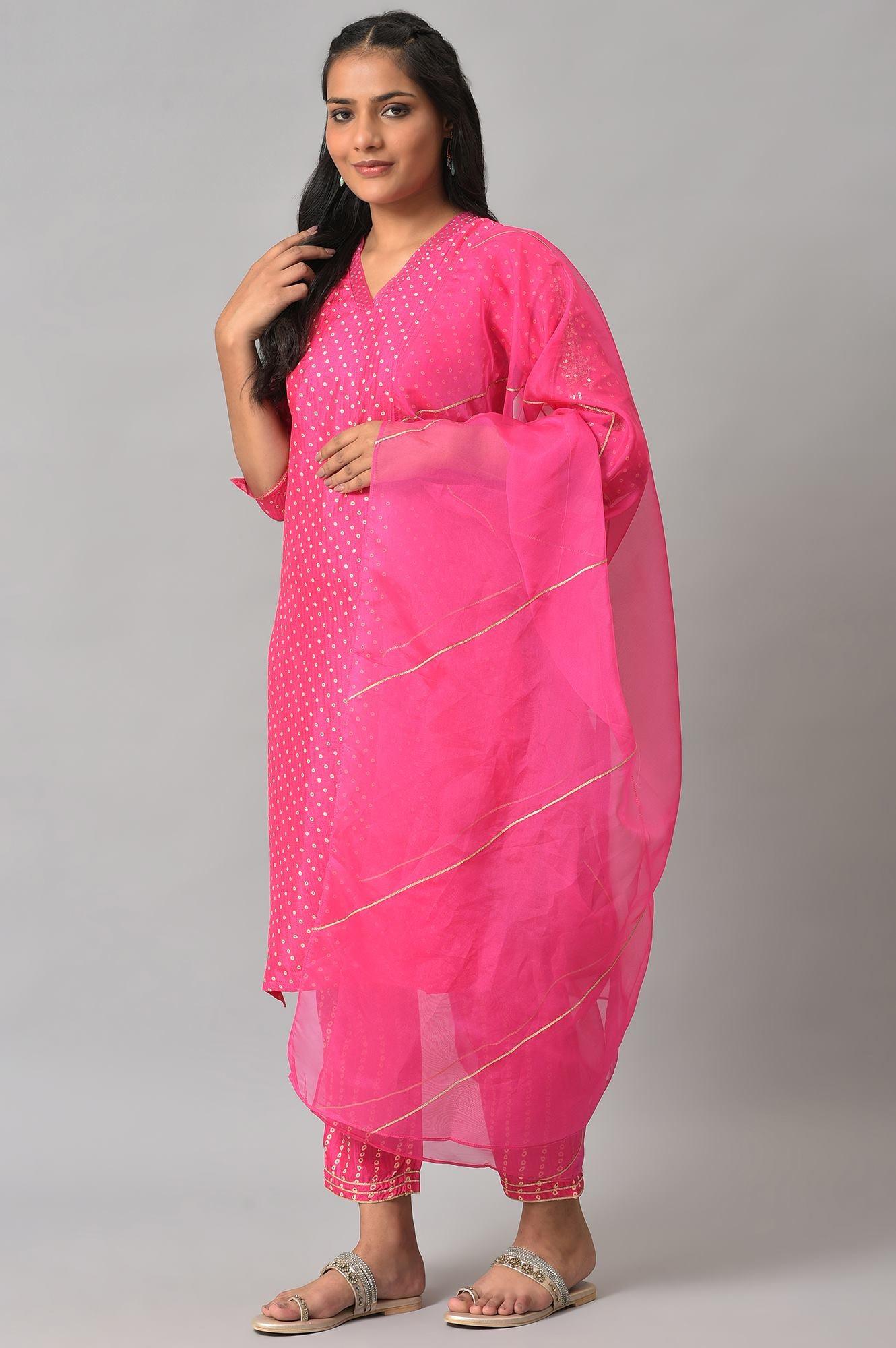 Pink Bandhani Printed Embroidered kurta With Pants And Organza Dupatta - wforwoman