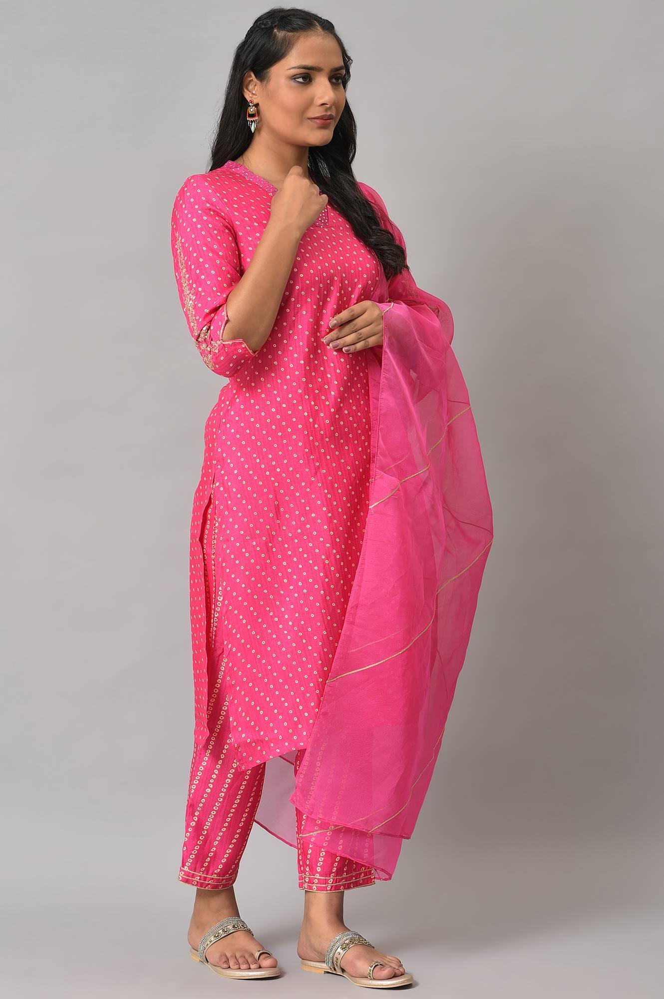 Pink Bandhani Printed Embroidered kurta With Pants And Organza Dupatta - wforwoman
