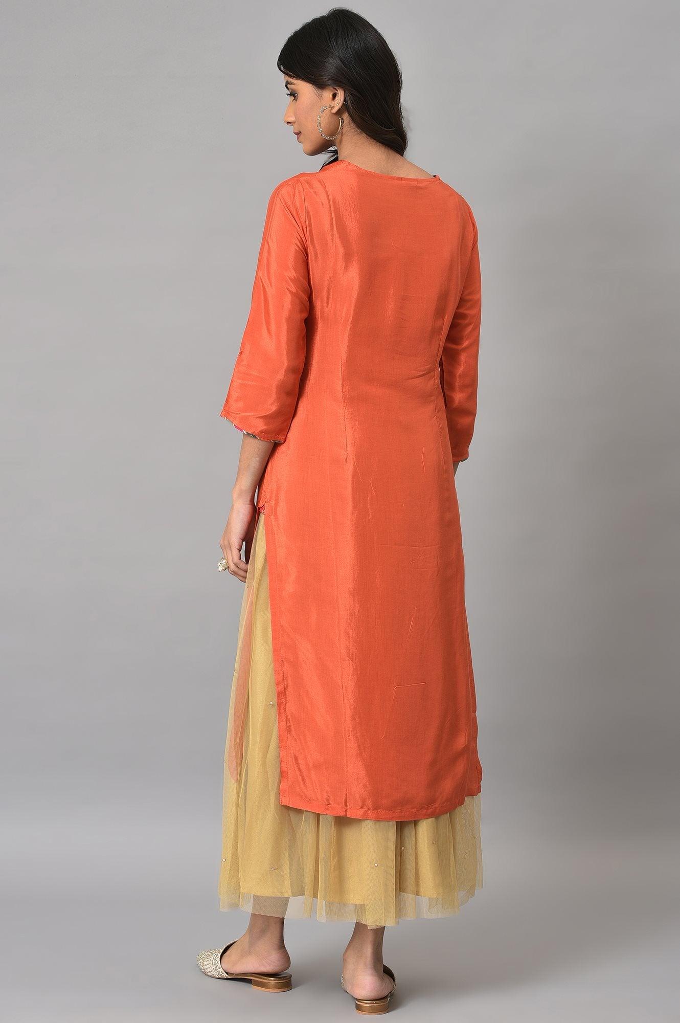 Orange Embroidered Festive kurta With Golden Mesh Skirt - wforwoman
